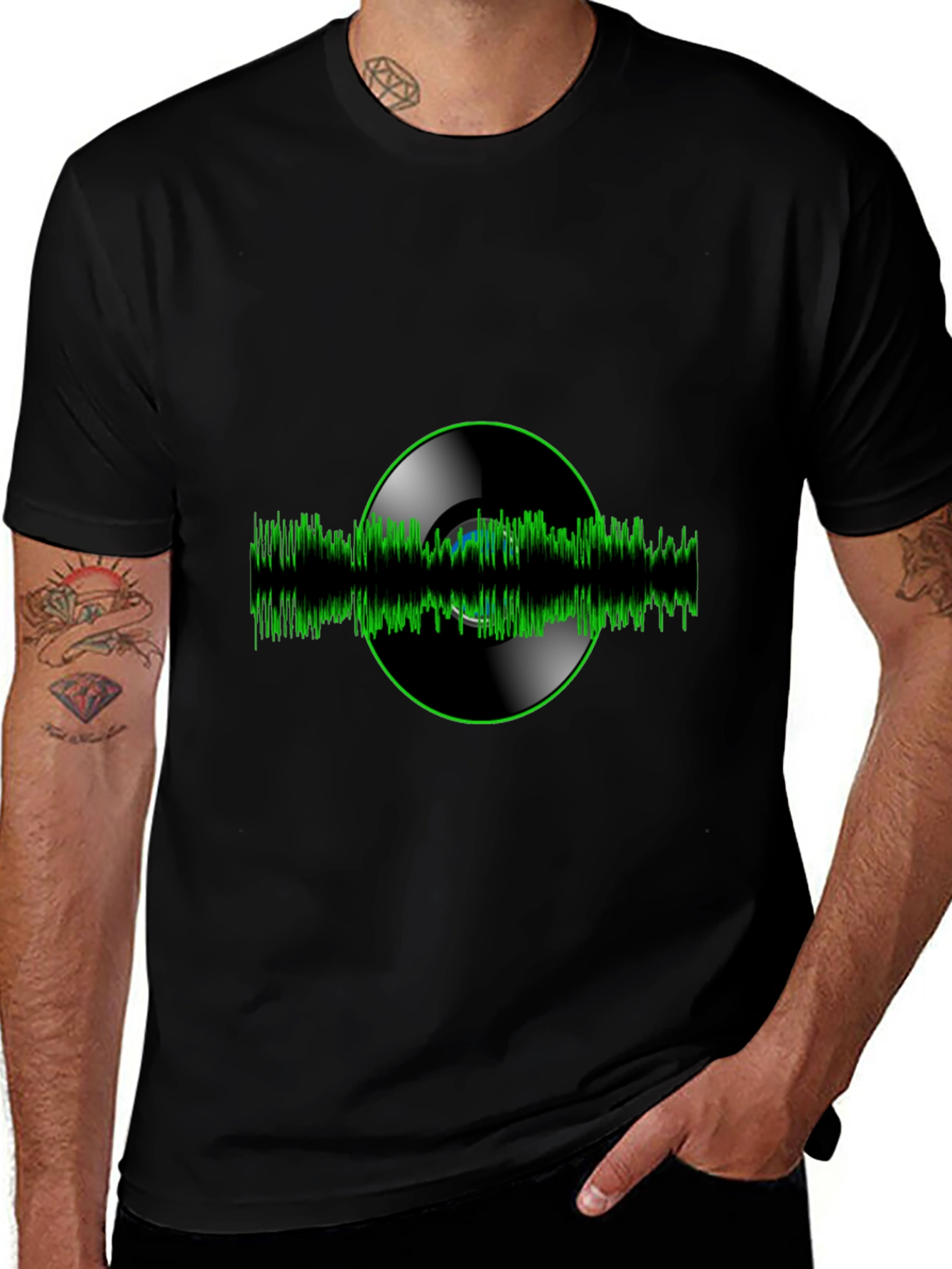 Vinyl Record Green Wave Black T-Shirt