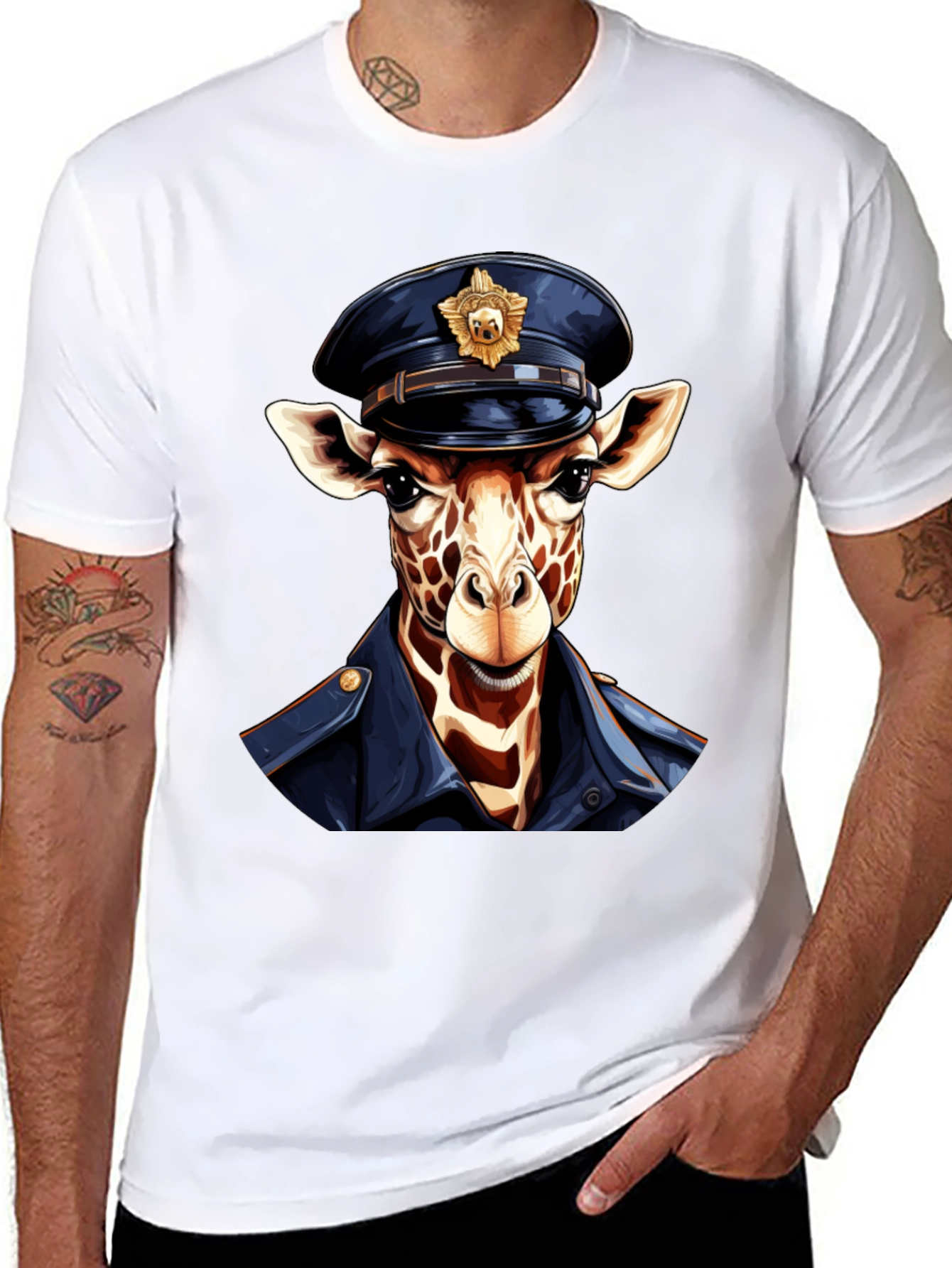 Giraffe Police Officer Graphic T-Shirt