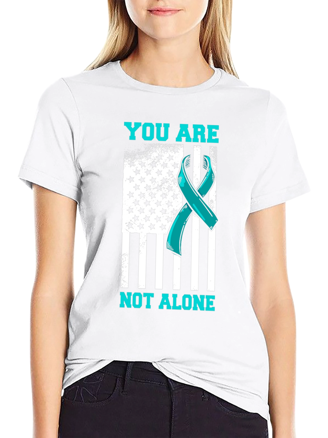 Teal Ribbon American Flag Graphic T-Shirt
