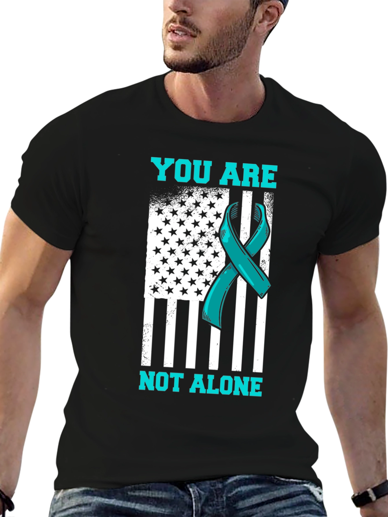 Teal Ribbon American Flag Graphic T-Shirt