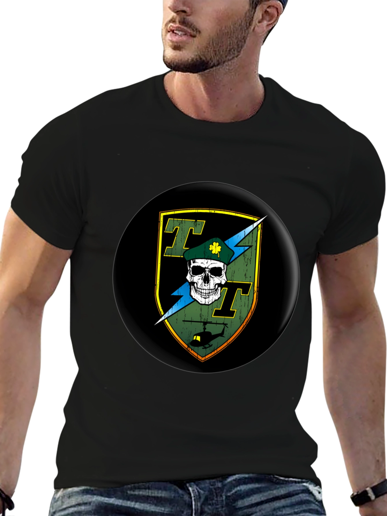 Skull and Helicopter Graphic Tee - Black