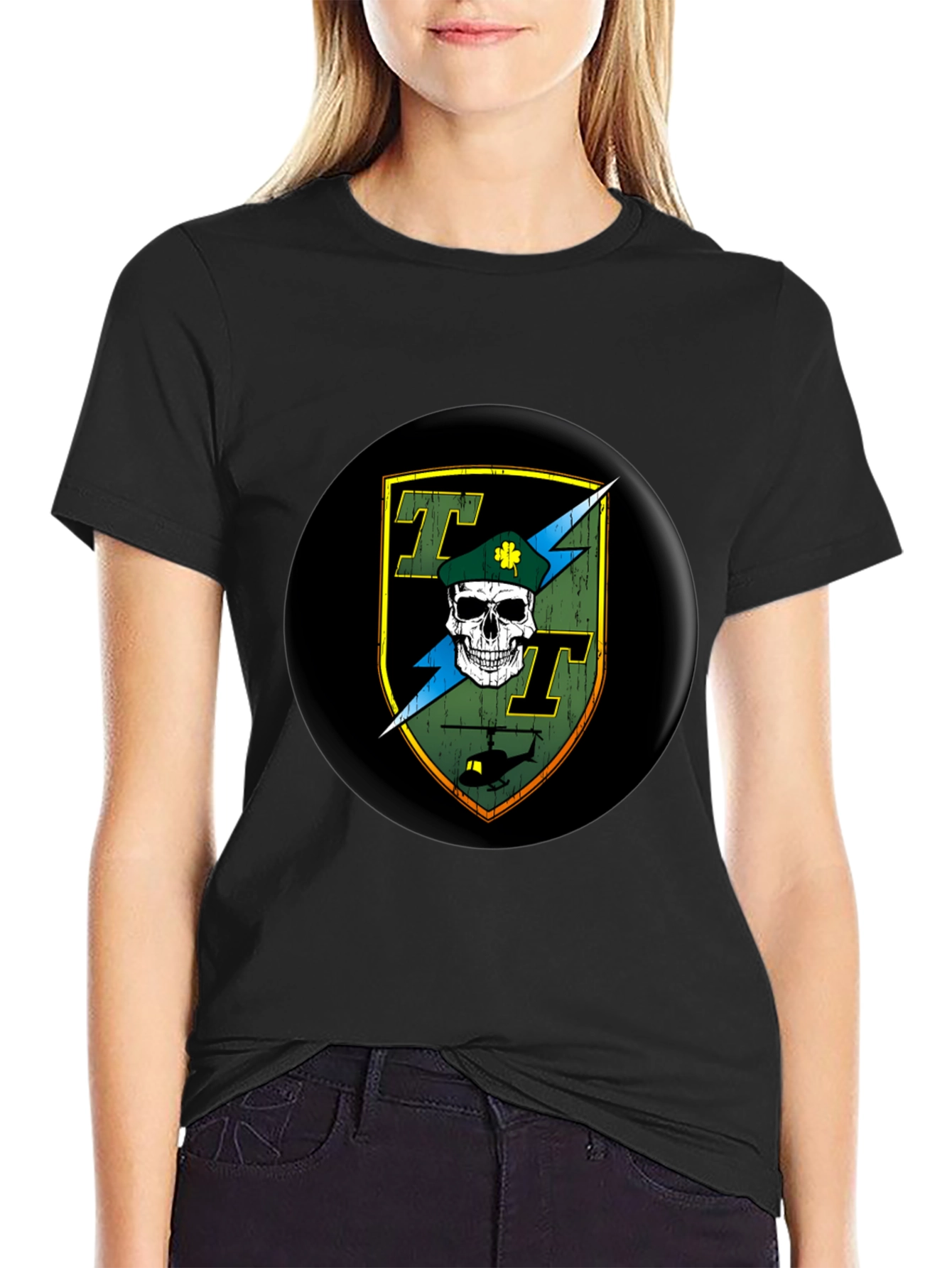 Skull and Helicopter Graphic Tee - Black