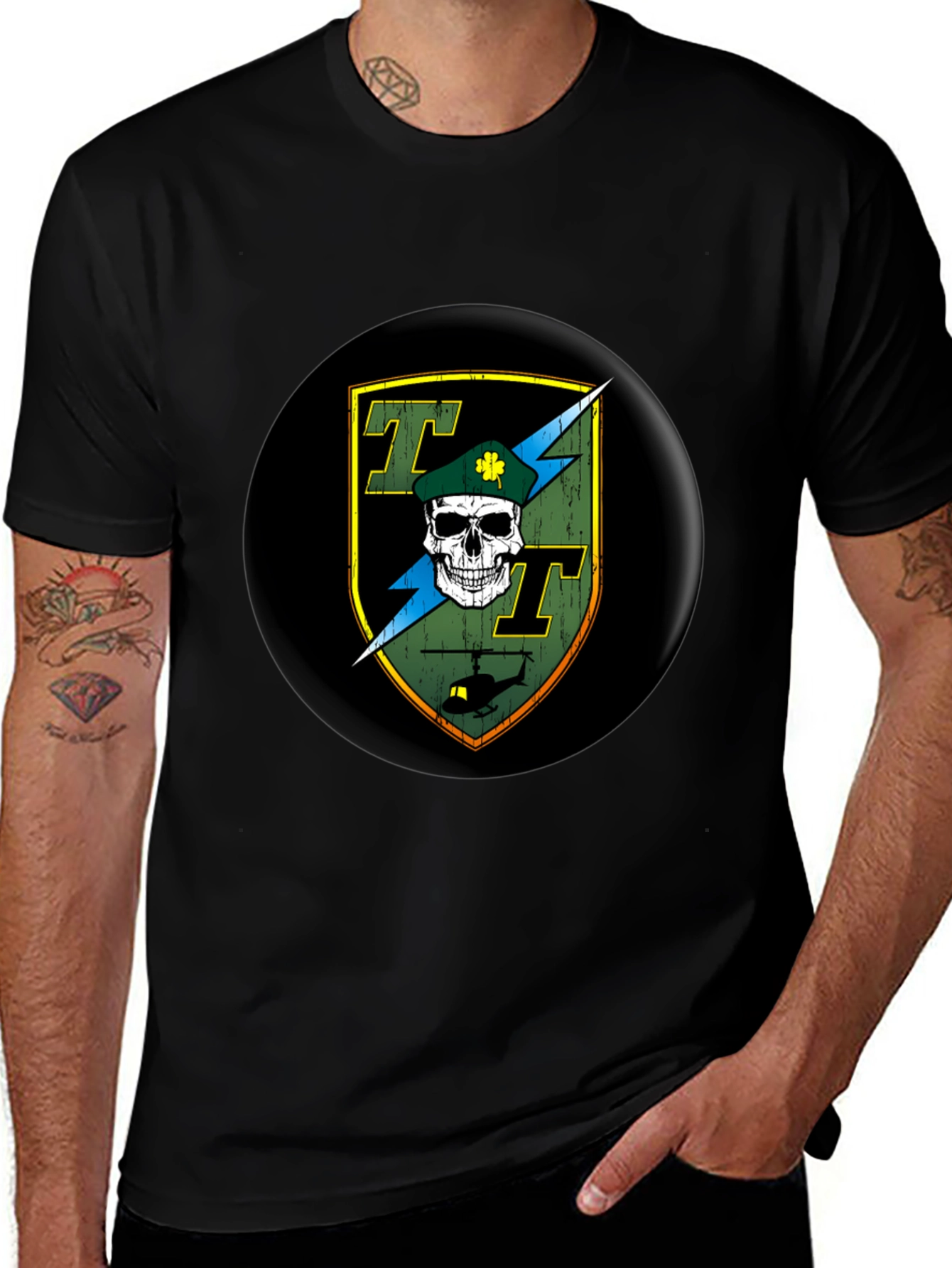 Skull and Helicopter Graphic Tee - Black