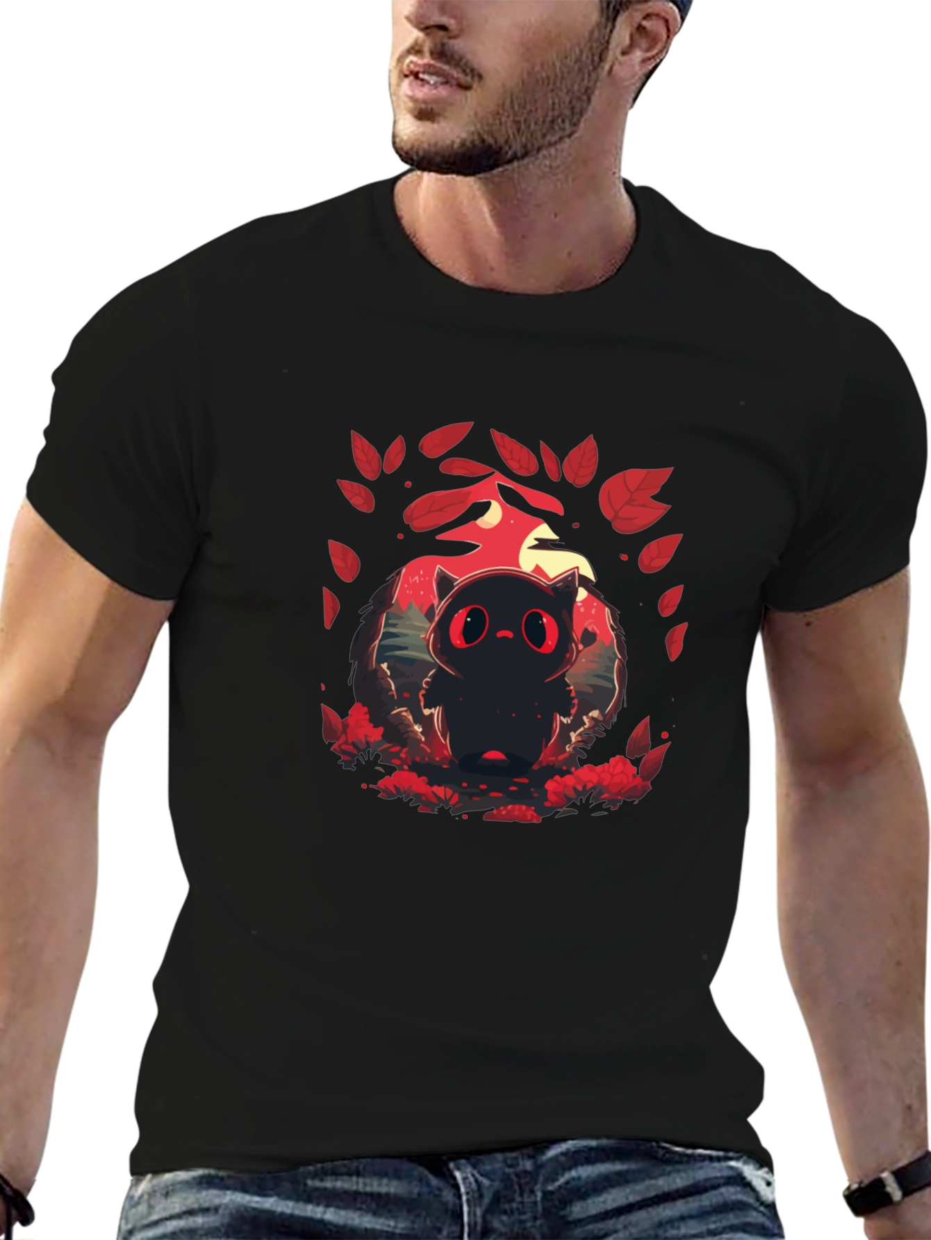 Cute Red-Eyed Black Cat Graphic T-Shirt