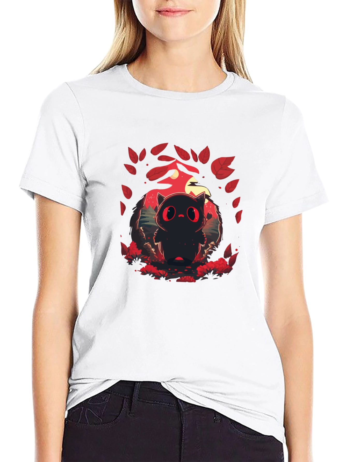 Cute Red-Eyed Black Cat Graphic T-Shirt