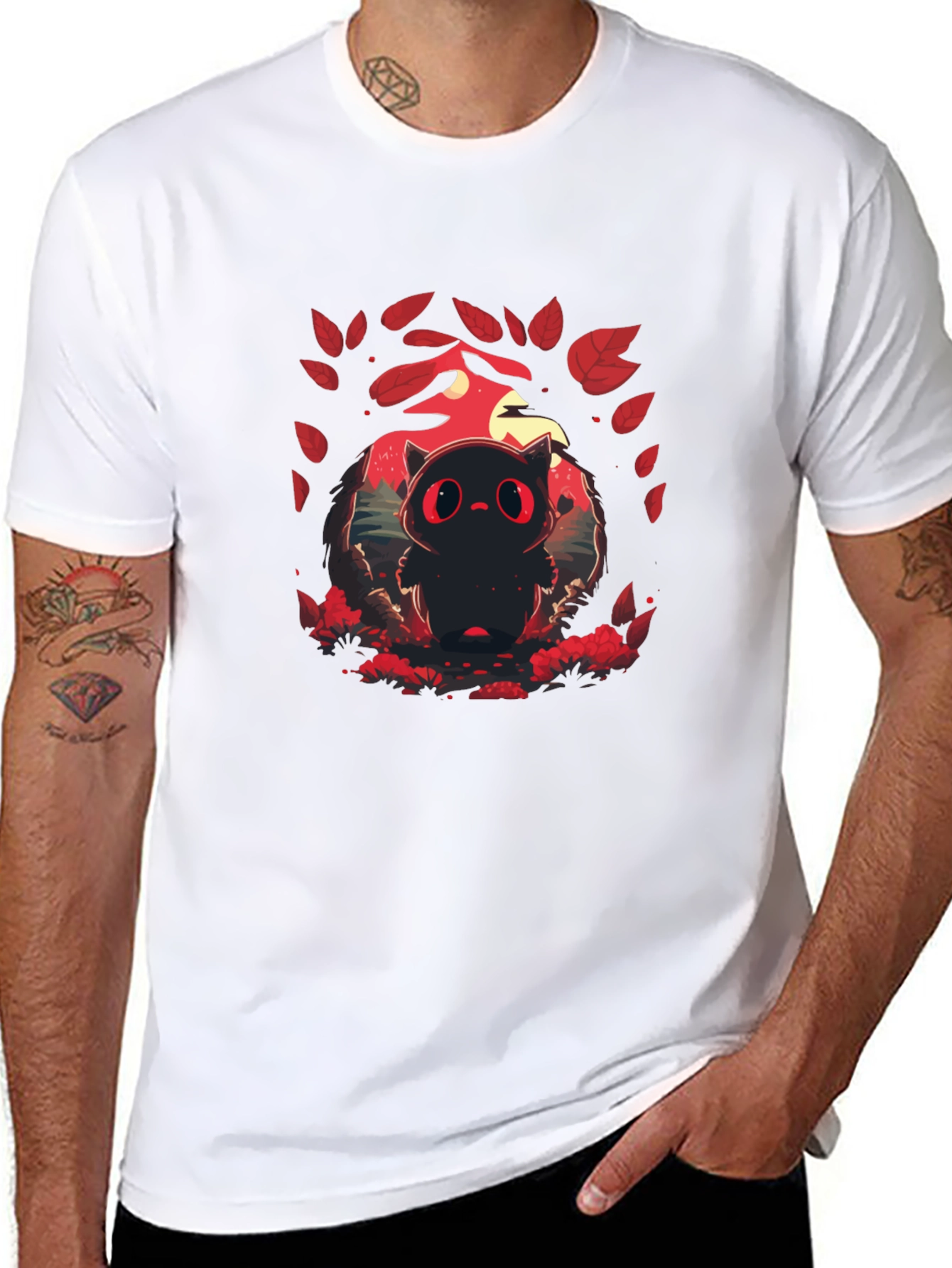 Cute Red-Eyed Black Cat Graphic T-Shirt