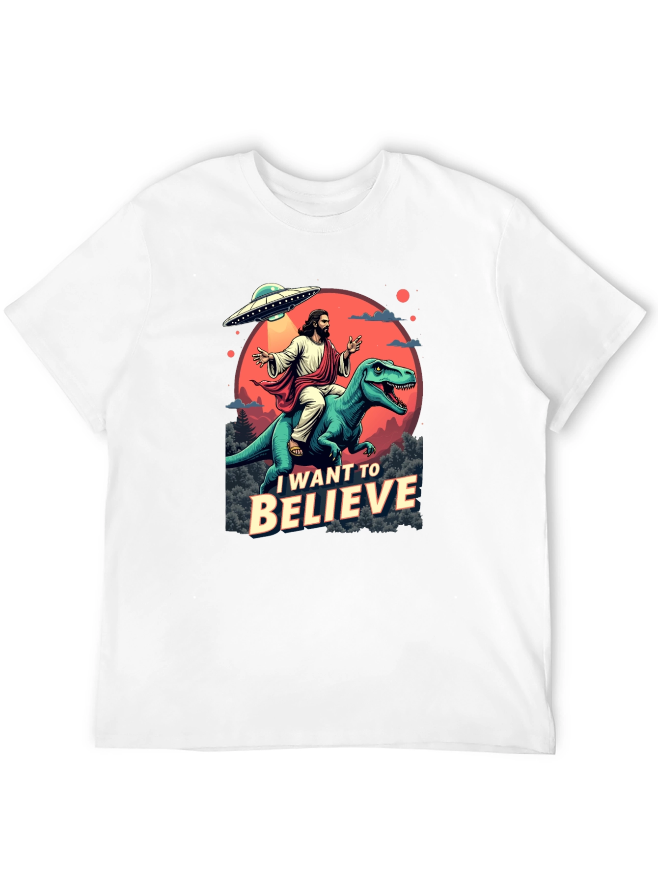 I Want to Believe T-Shirt: Jesus Riding Dinosaur UFO