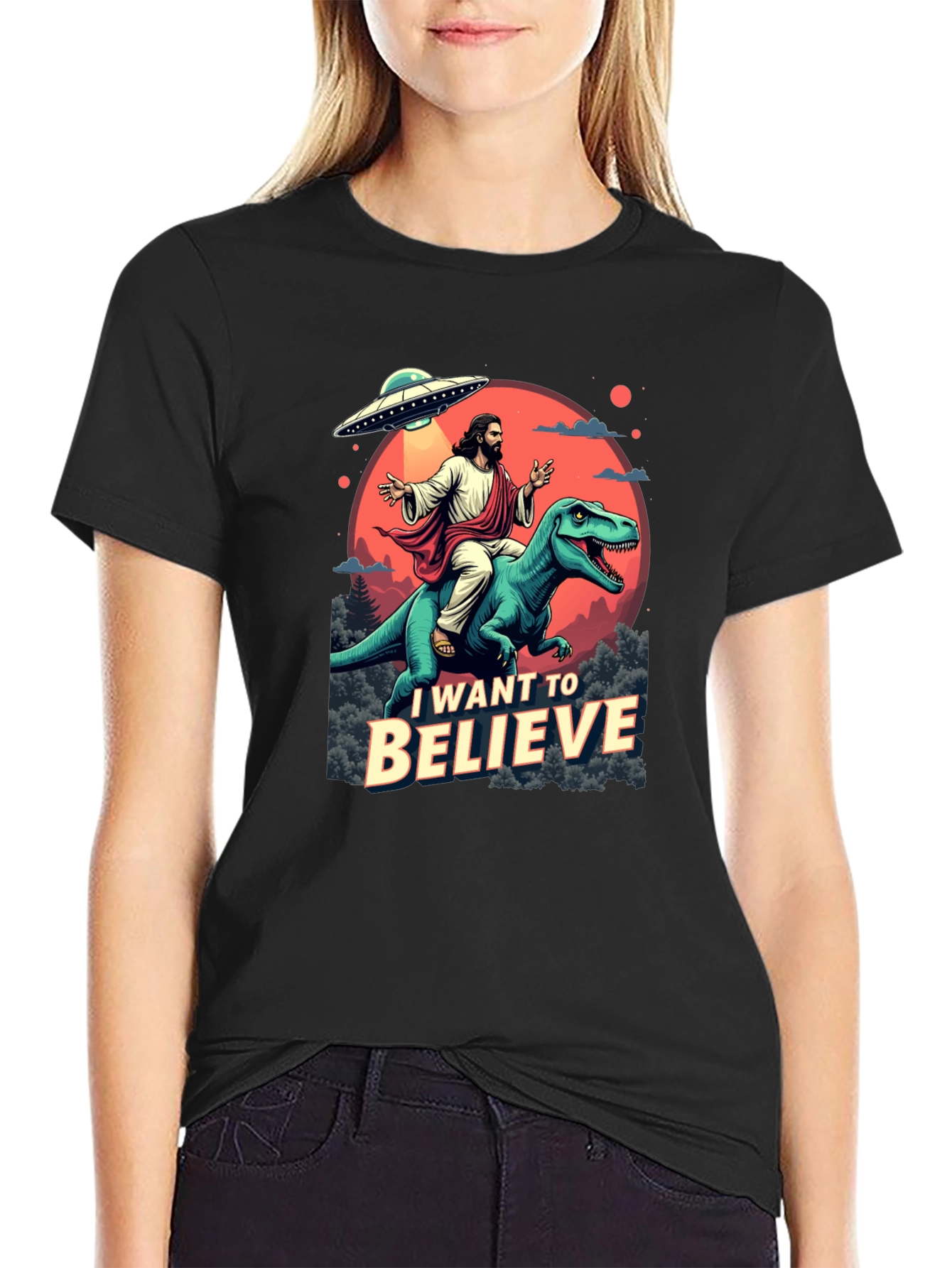 I Want to Believe T-Shirt: Jesus Riding Dinosaur UFO