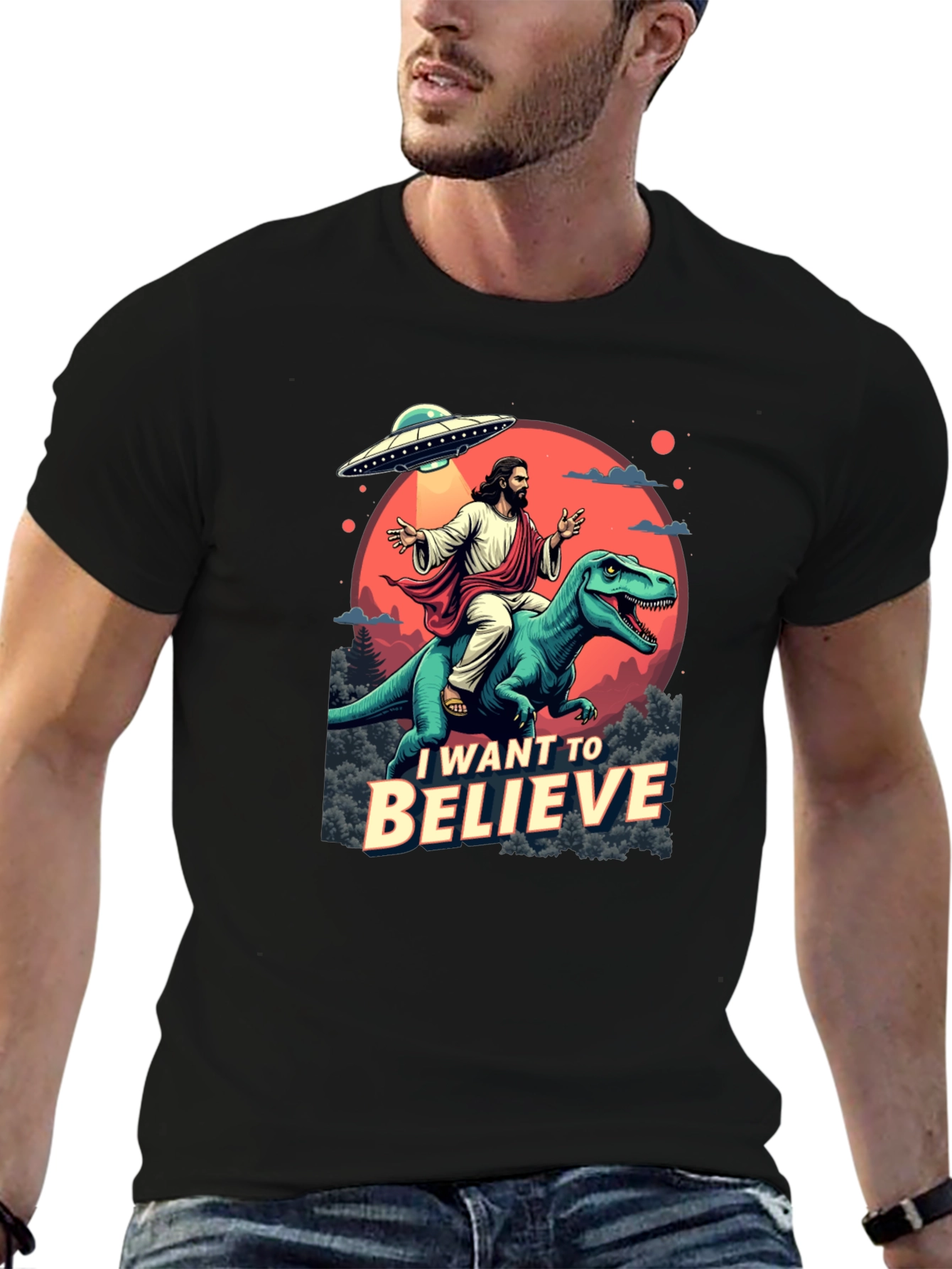 I Want to Believe T-Shirt: Jesus Riding Dinosaur UFO