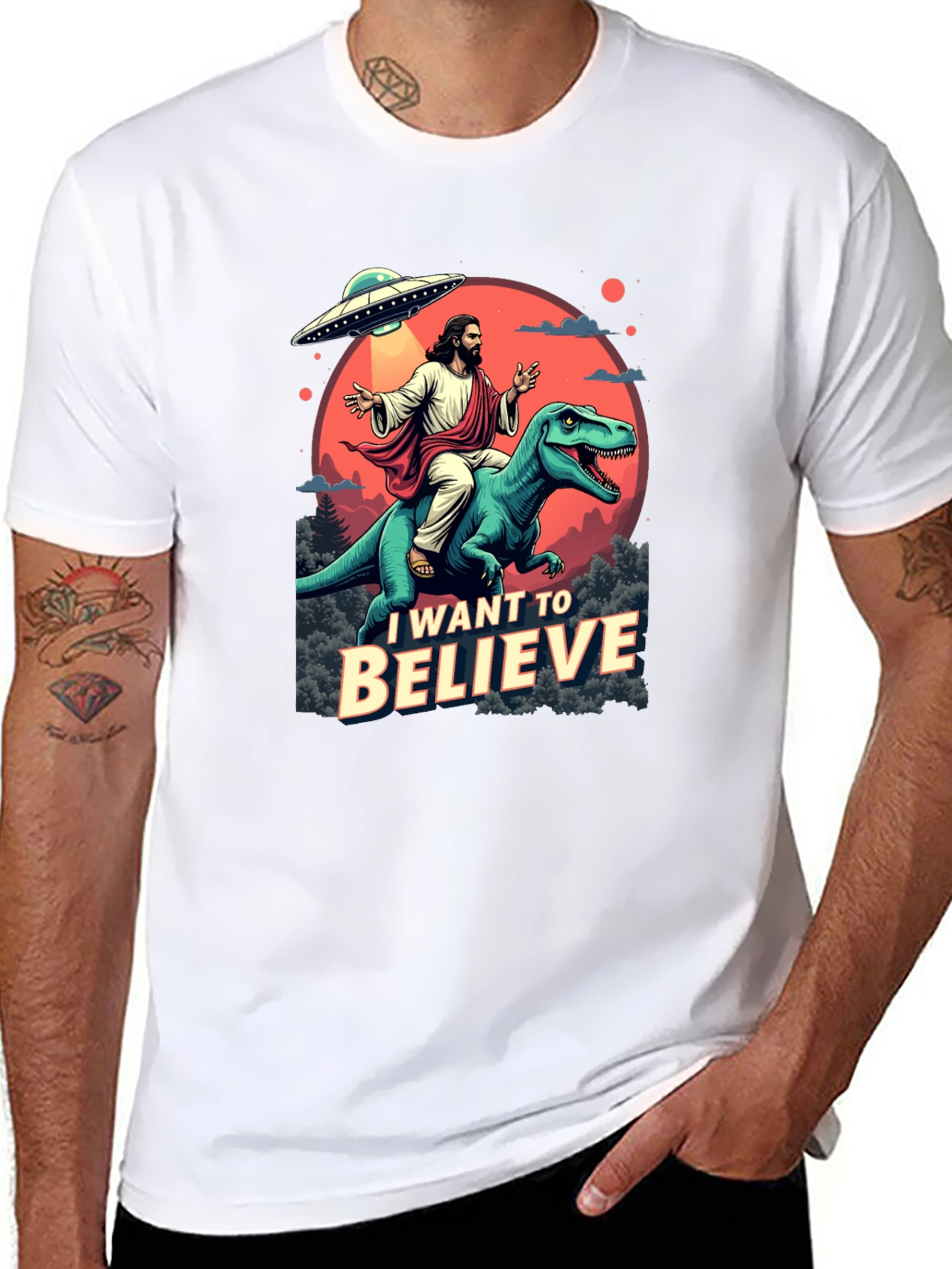 I Want to Believe T-Shirt: Jesus Riding Dinosaur UFO
