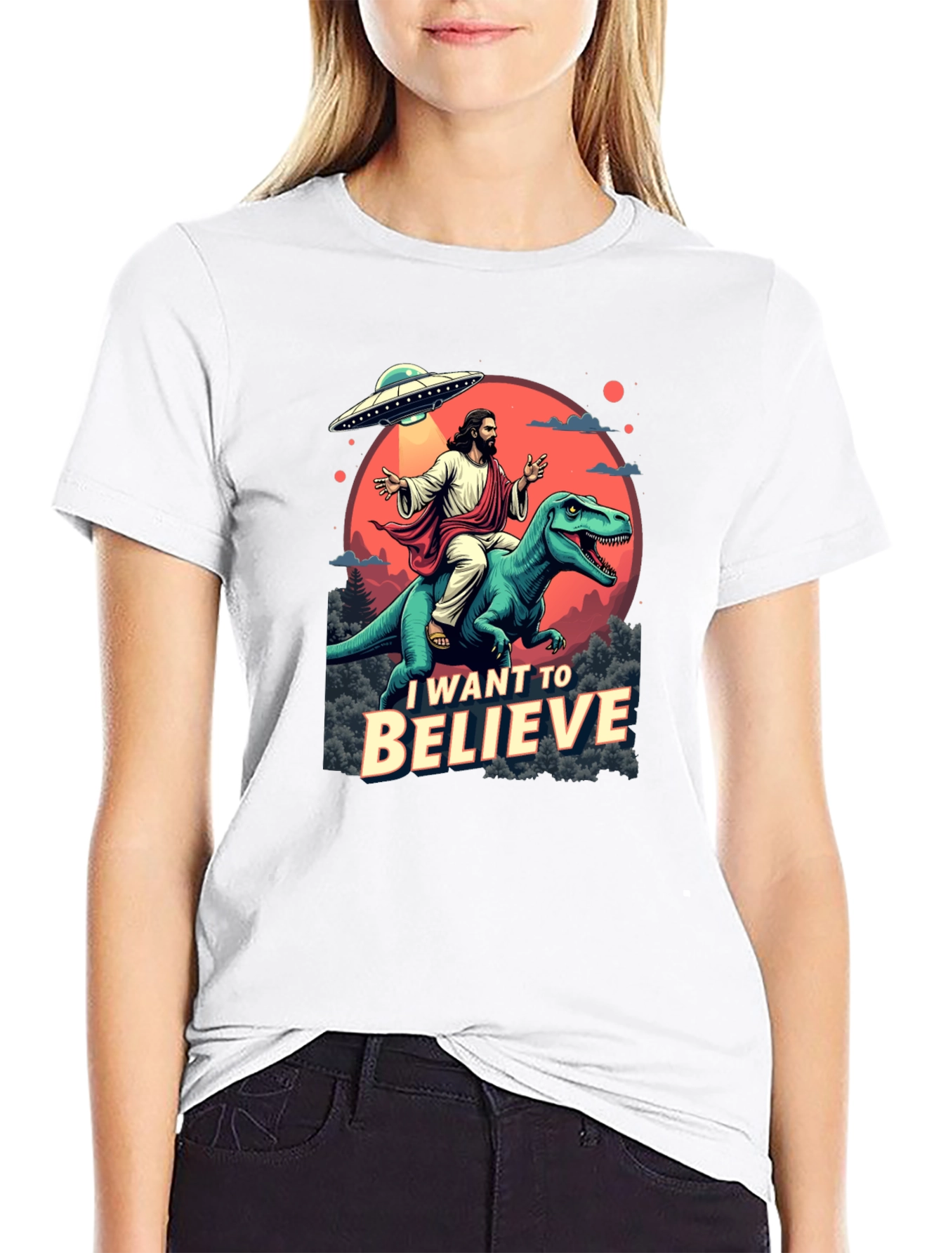 I Want to Believe T-Shirt: Jesus Riding Dinosaur UFO