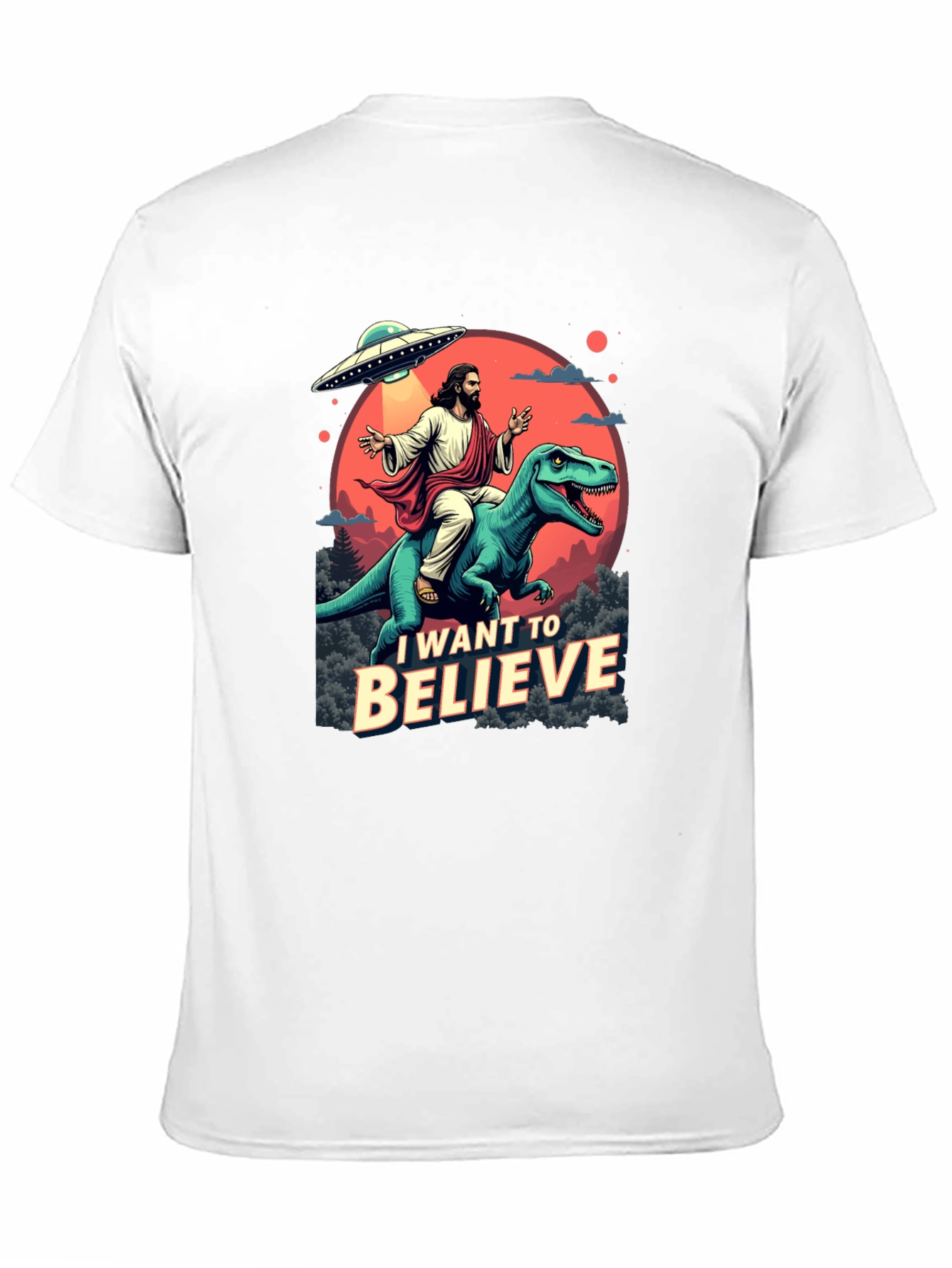 I Want to Believe T-Shirt: Jesus Riding Dinosaur UFO