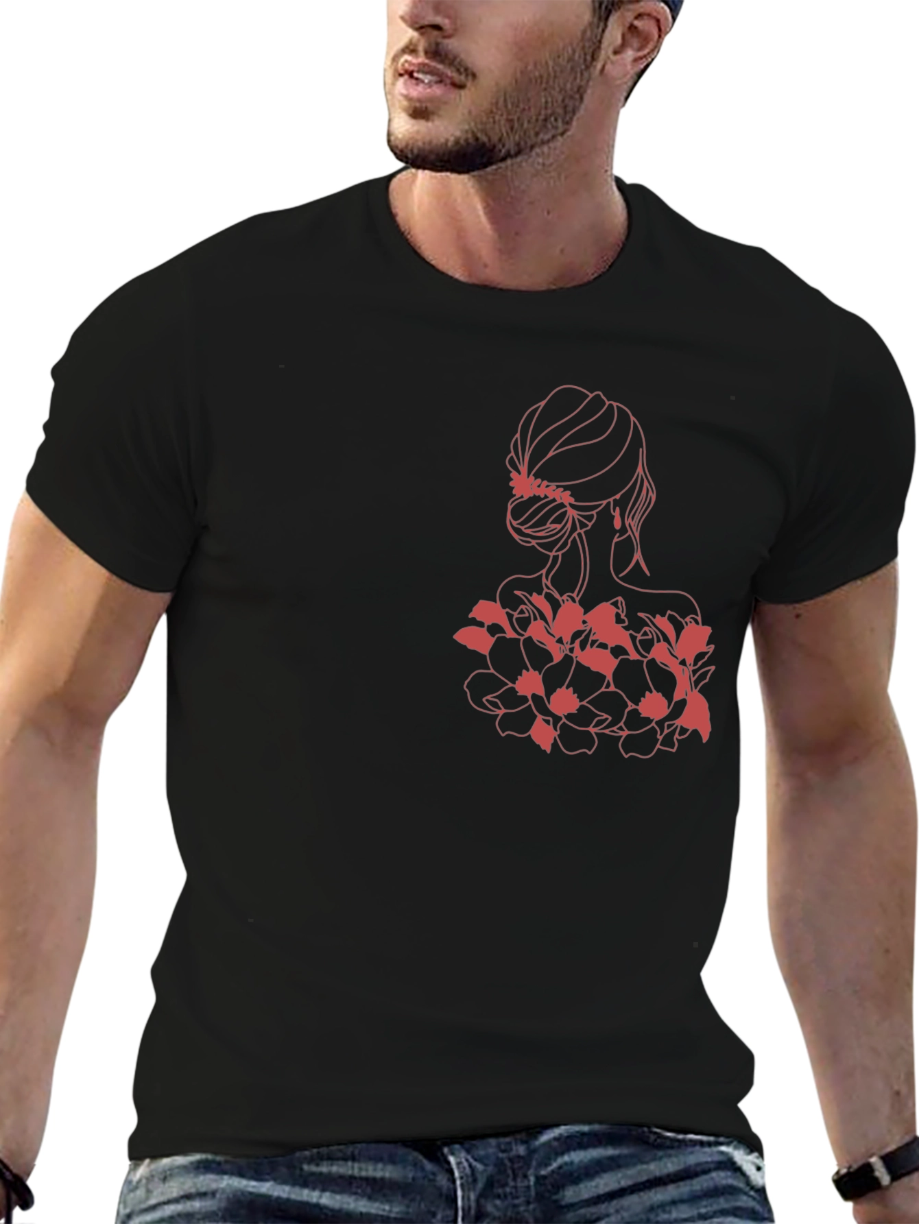Elegant Woman & Floral Black Graphic Tee