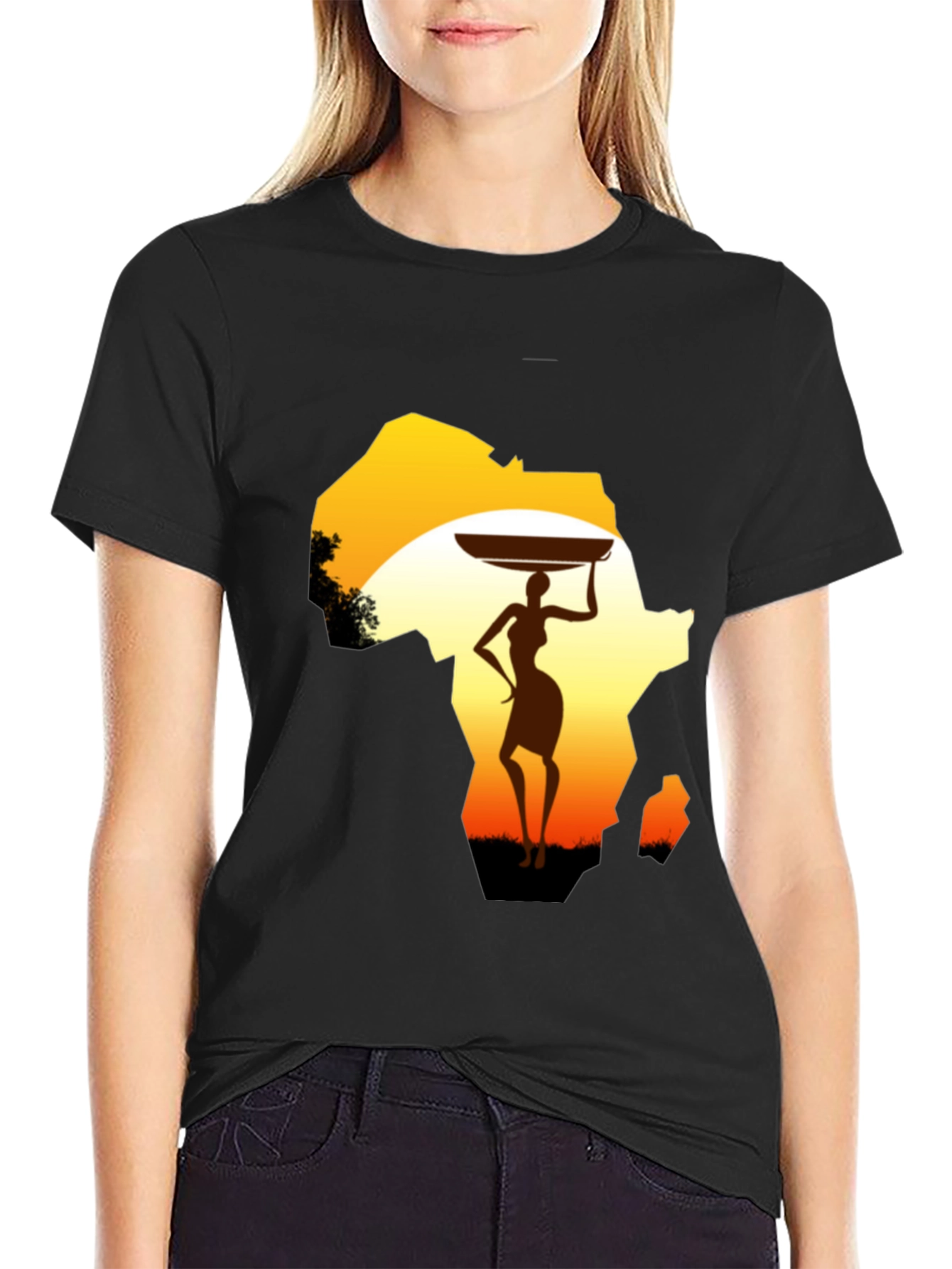 African Woman Graphic Tee - Black Cotton