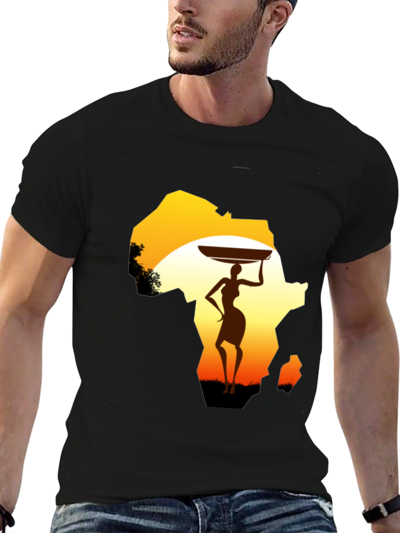 African Woman Graphic Tee - Black Cotton