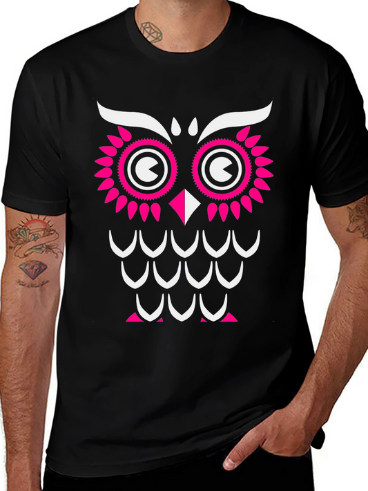 Owl Graphic Print T-Shirt - Black with Pink & White Design