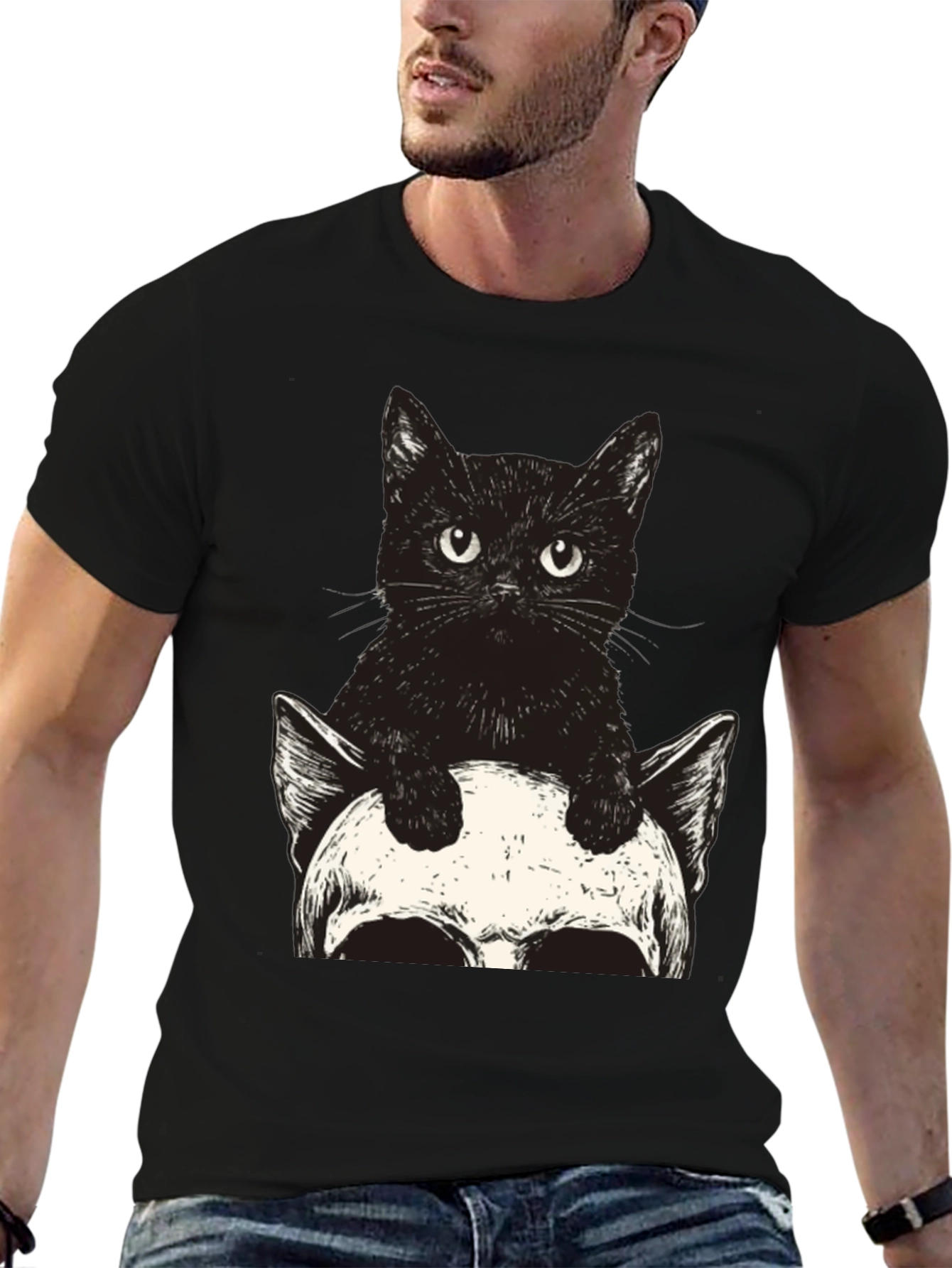 Cat & Skull Graphic Tee - Unique Print