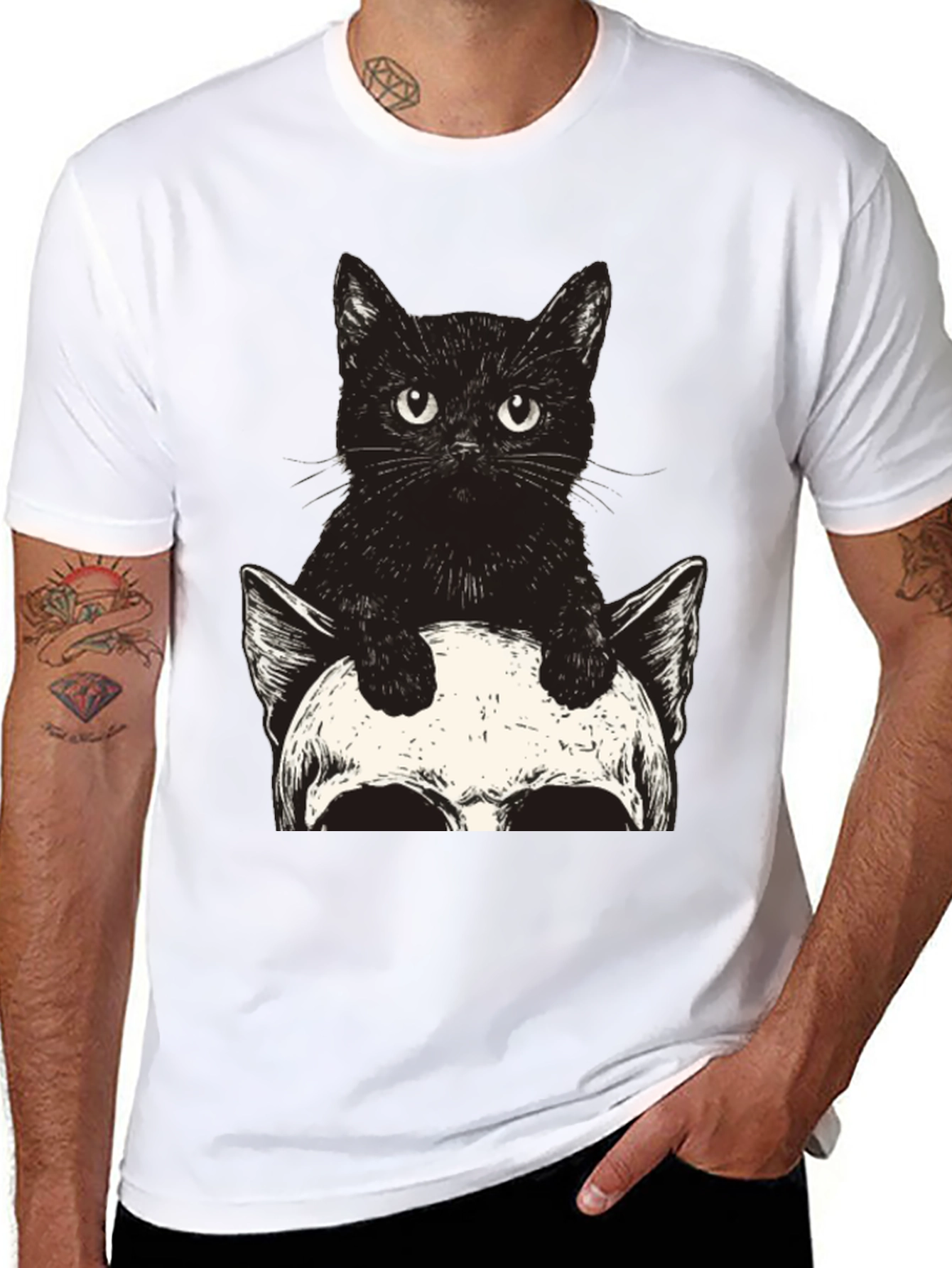 Cat & Skull Graphic Tee - Unique Print