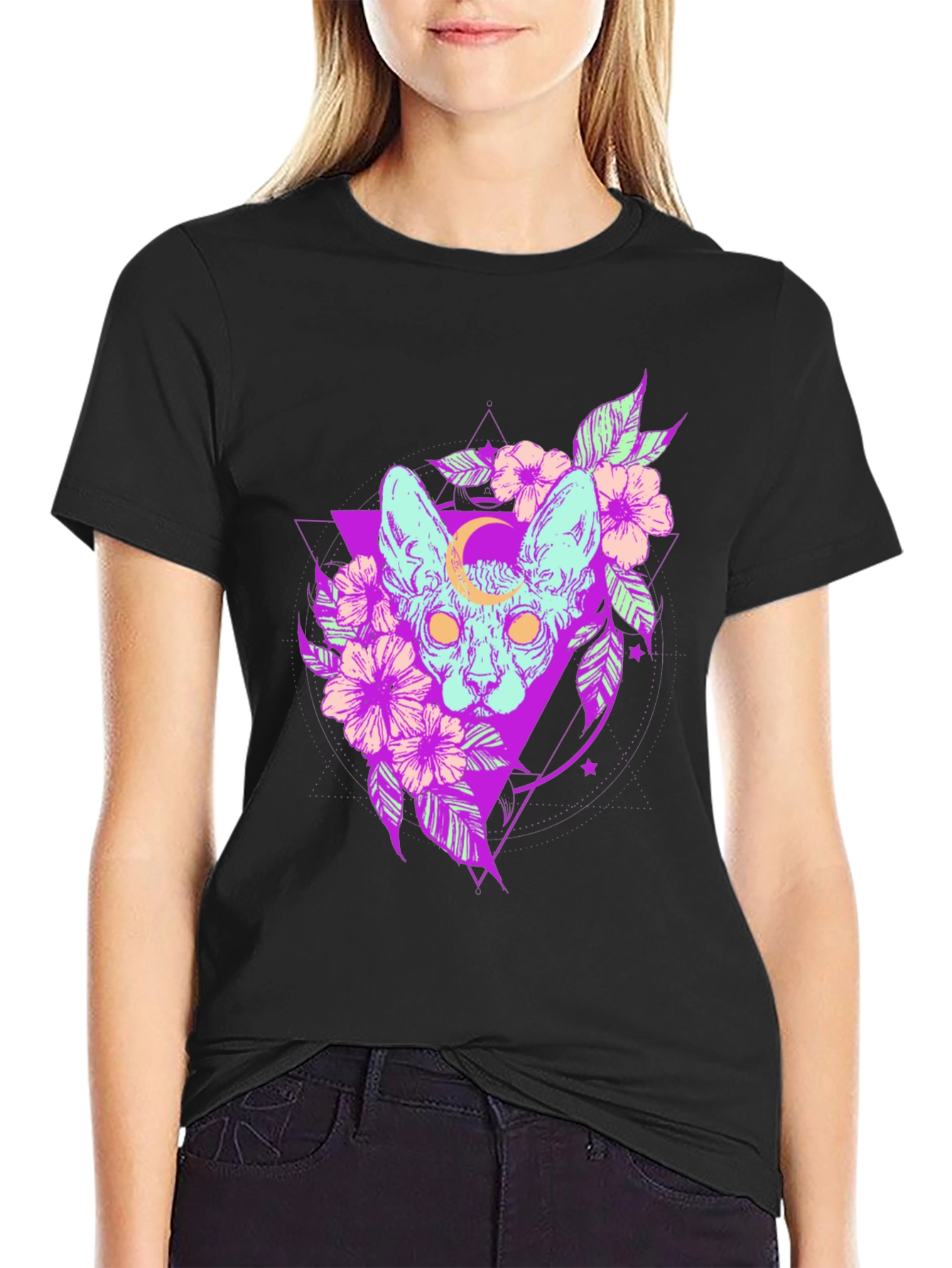 Mystic Cat T-Shirt - Gothic Floral Design