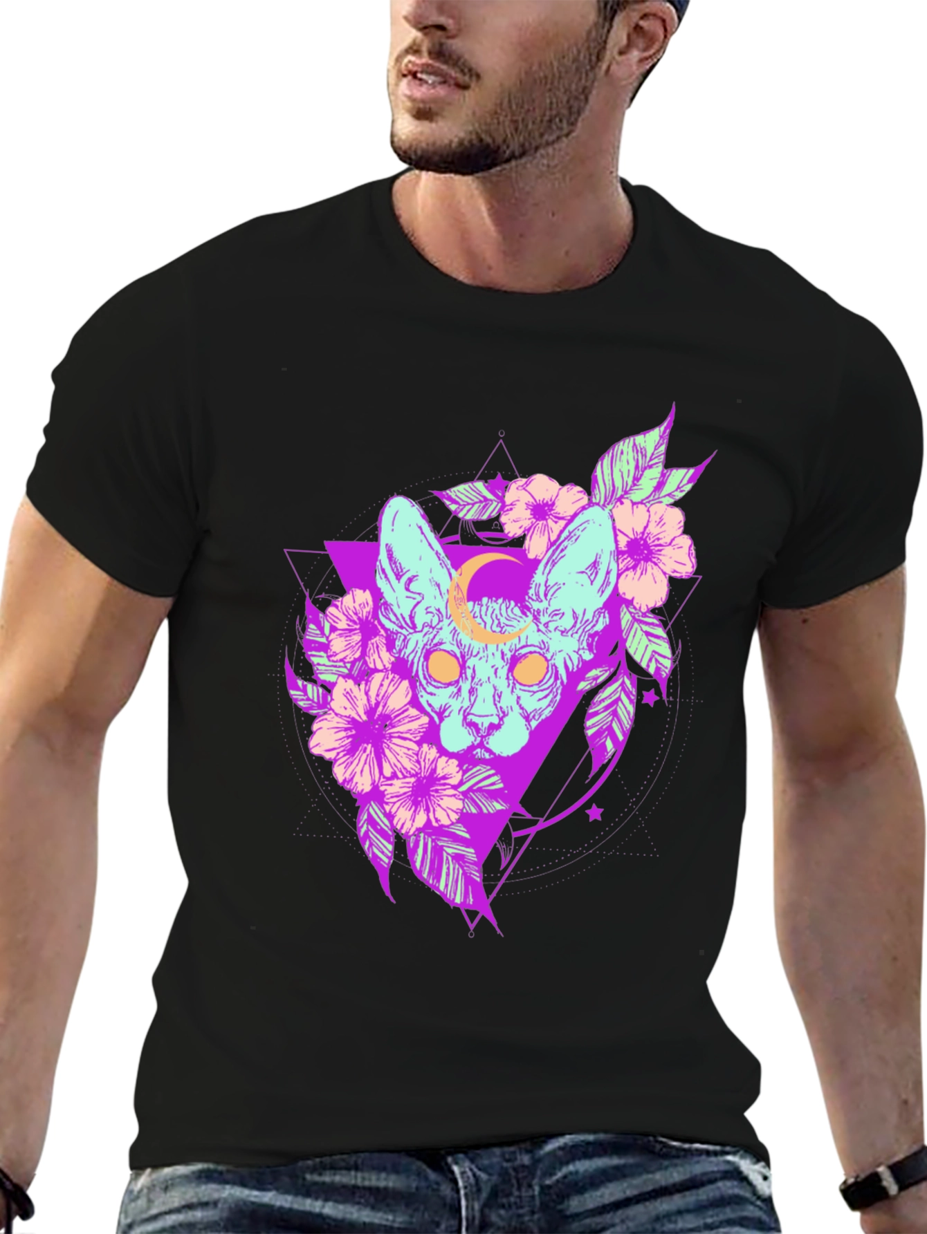 Mystic Cat T-Shirt - Gothic Floral Design