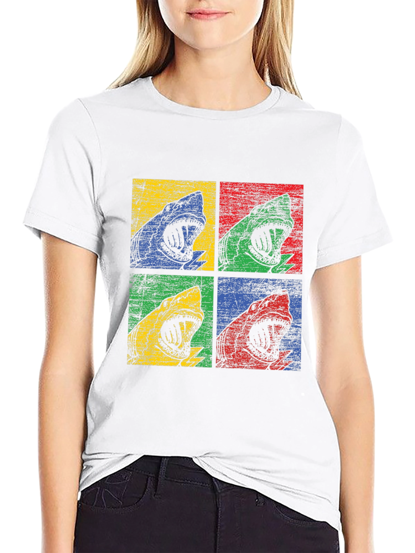 Shark Pop Art Graphic Print Black T-Shirt