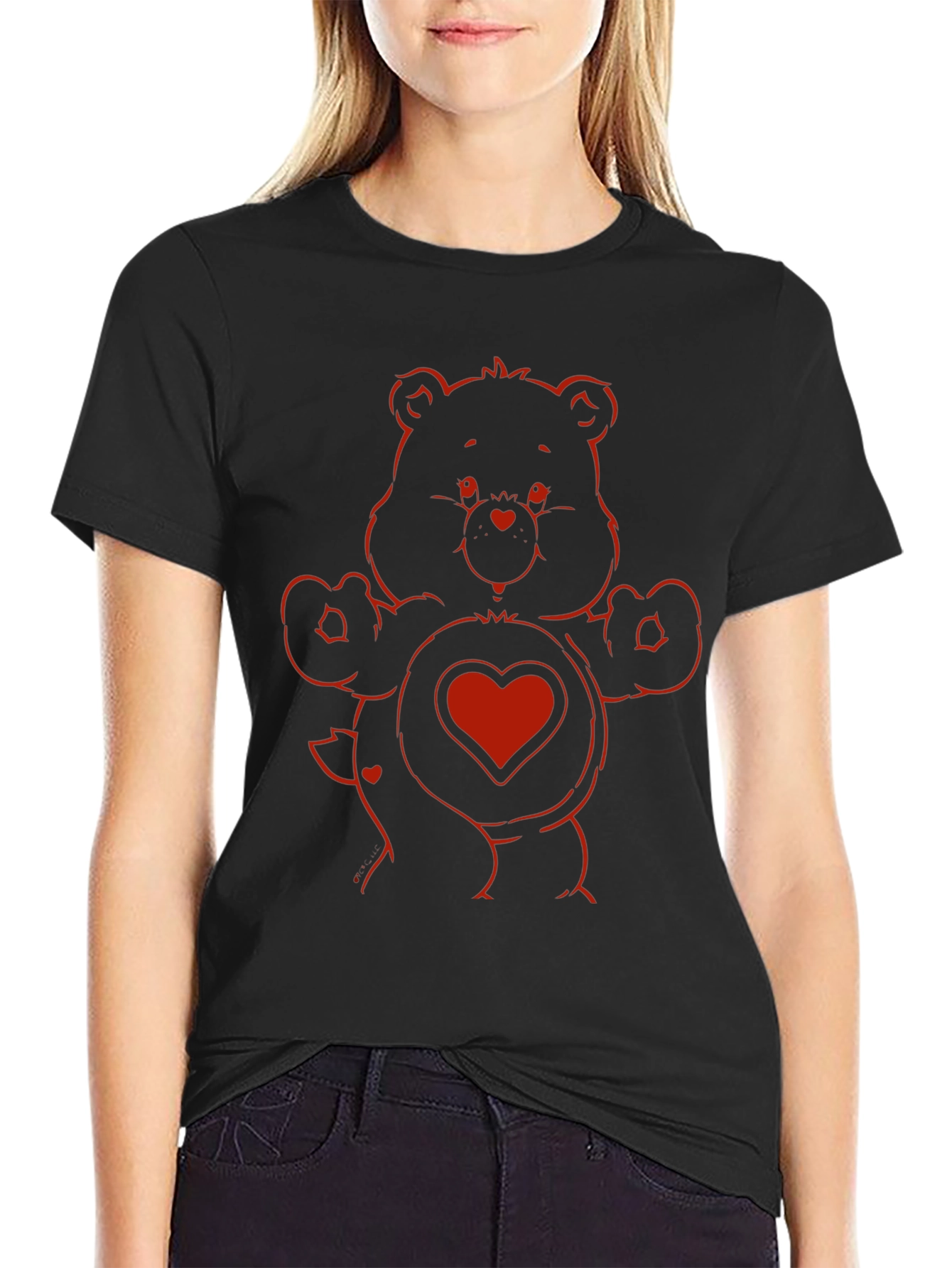 Red Bear Heart Graphic Black T-Shirt