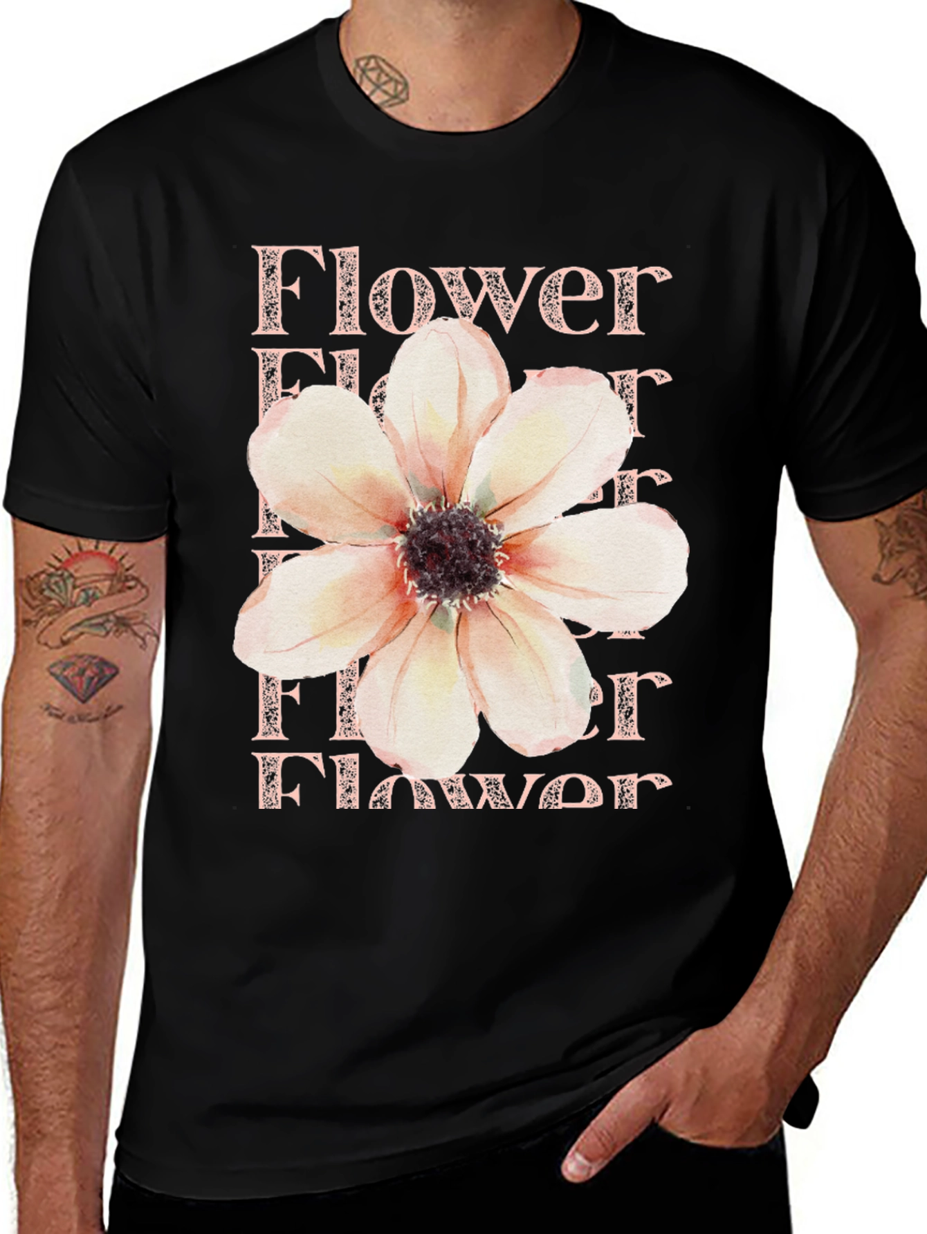 Floral Print T-Shirt - Black Cotton Tee