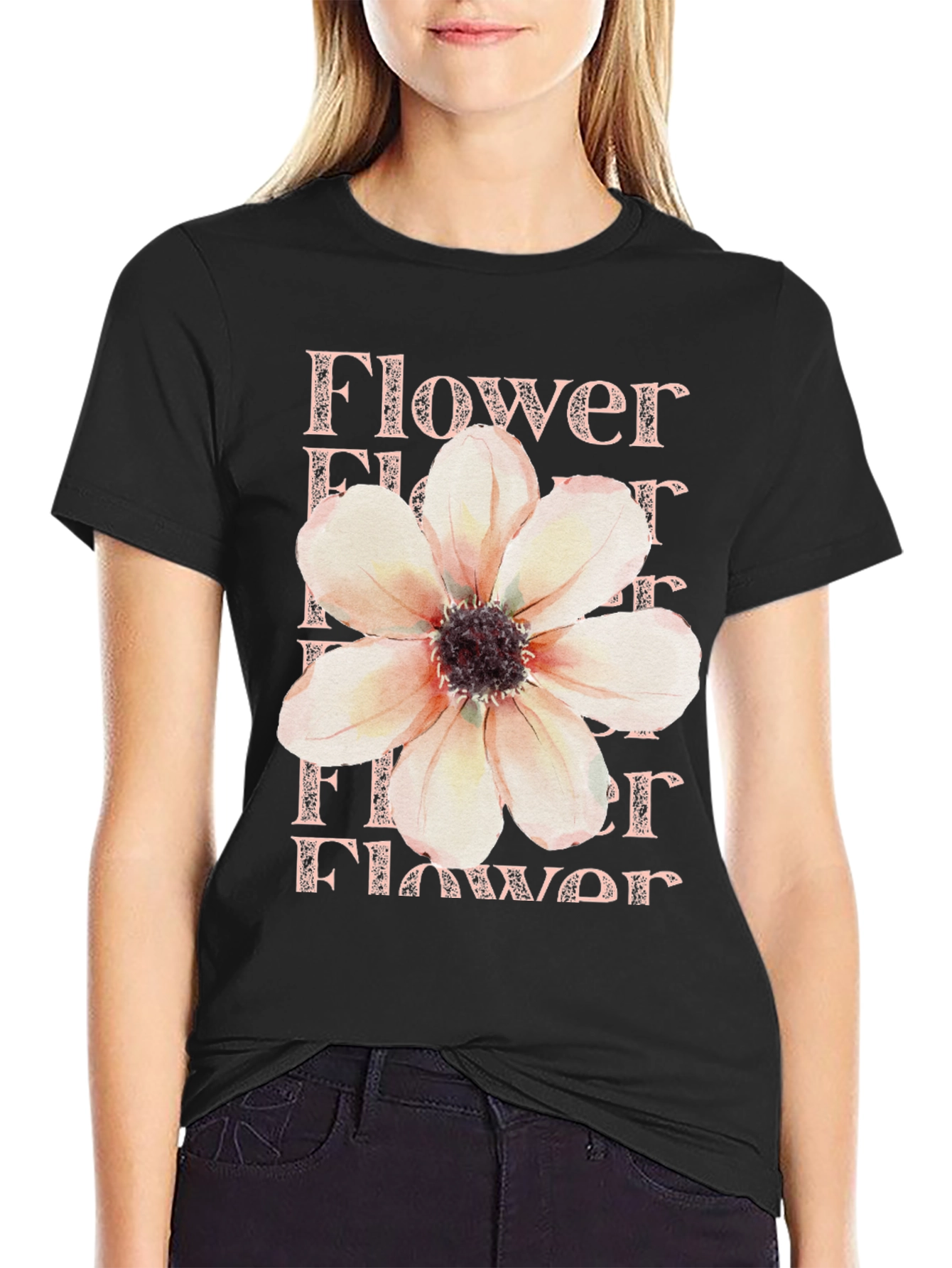 Floral Print T-Shirt - Black Cotton Tee