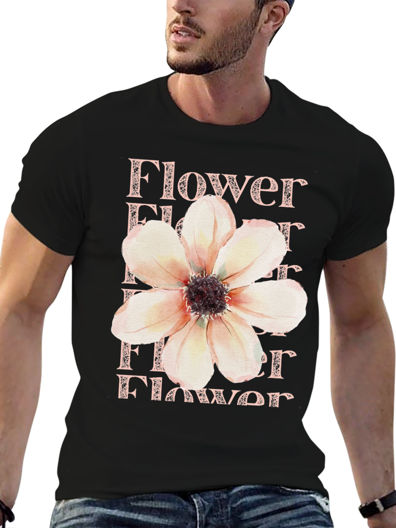 Floral Print T-Shirt - Black Cotton Tee