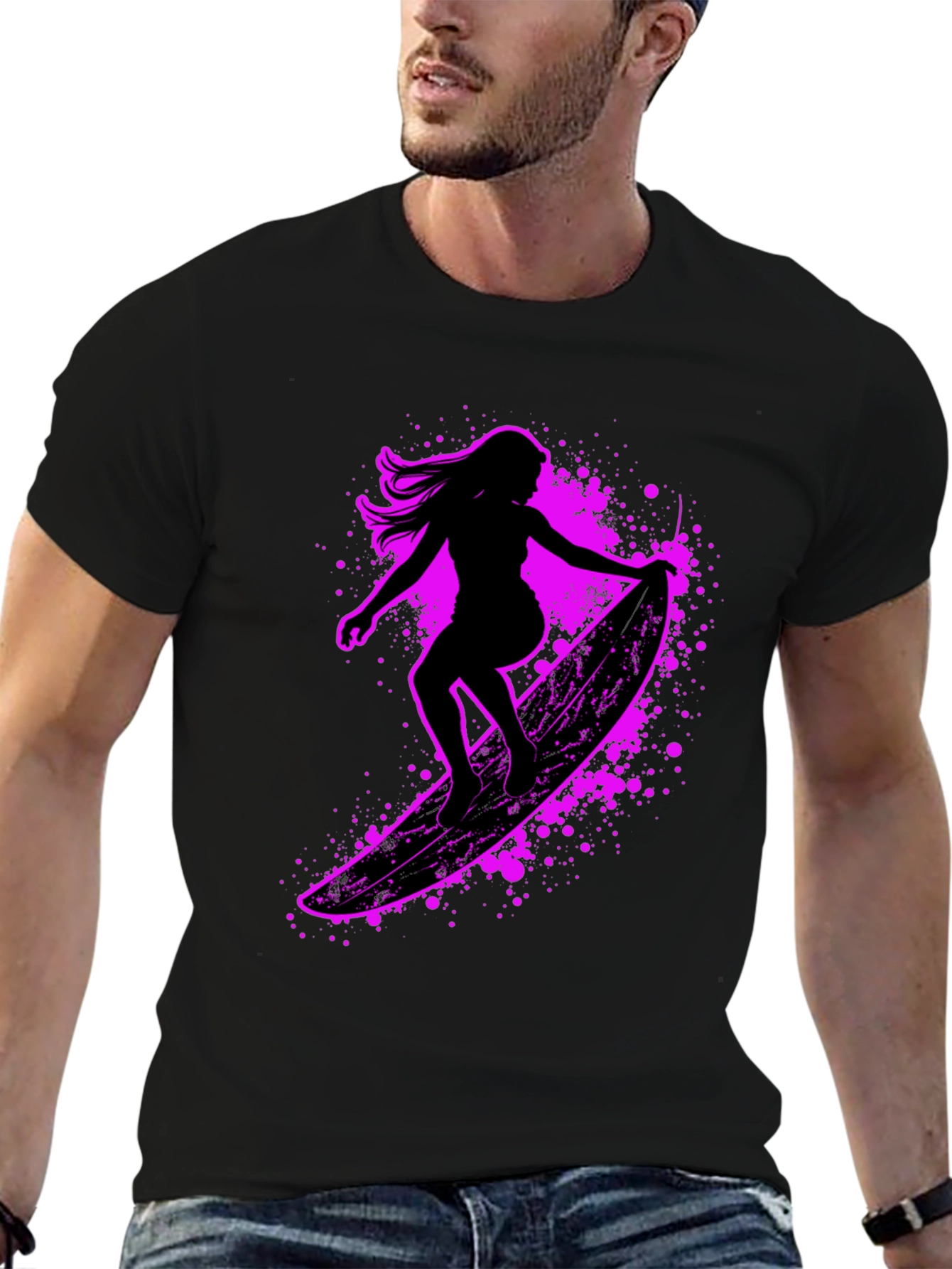 Surfer Girl Graphic Tee - Black Cotton Blend