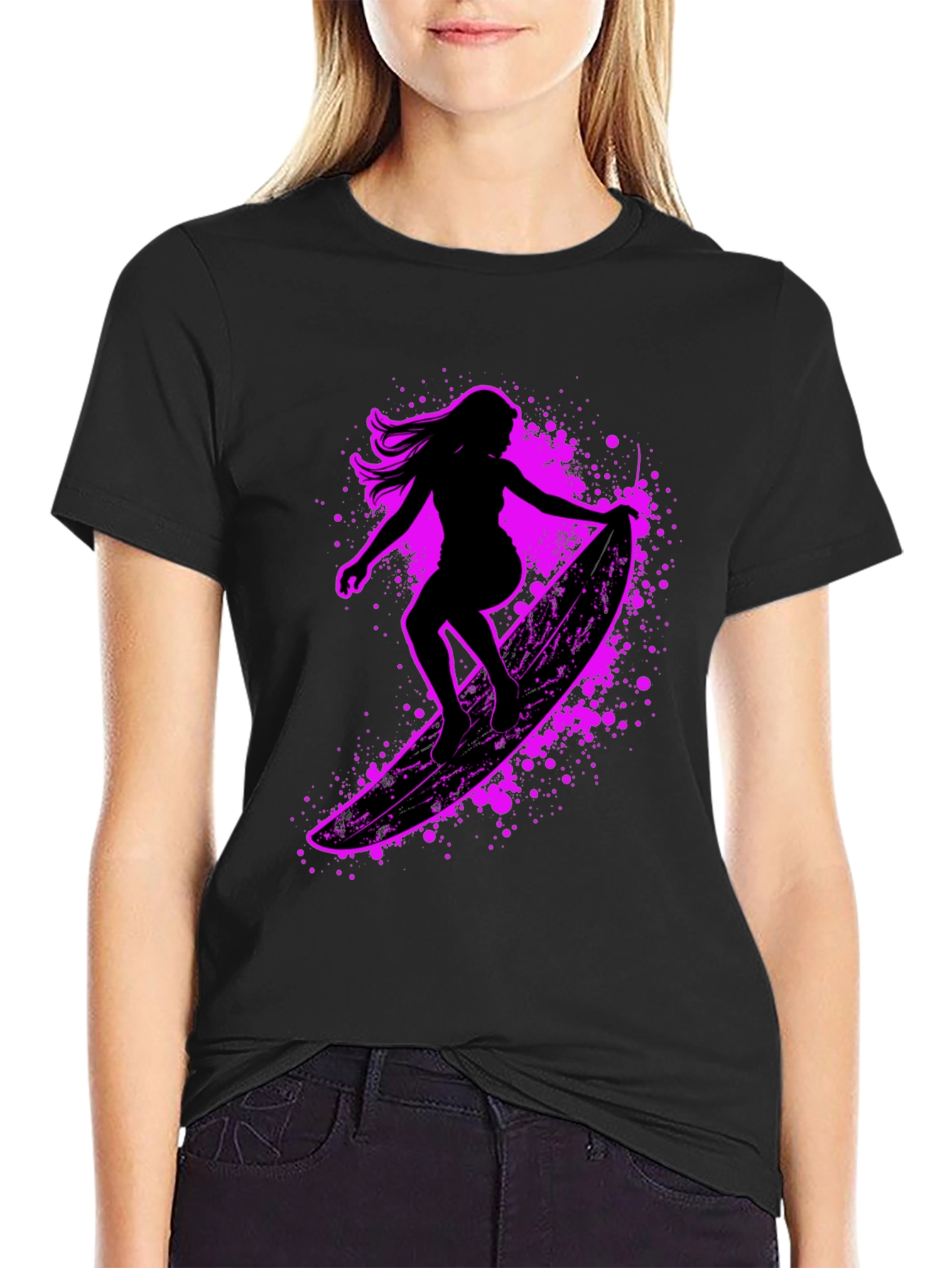 Surfer Girl Graphic Tee - Black Cotton Blend