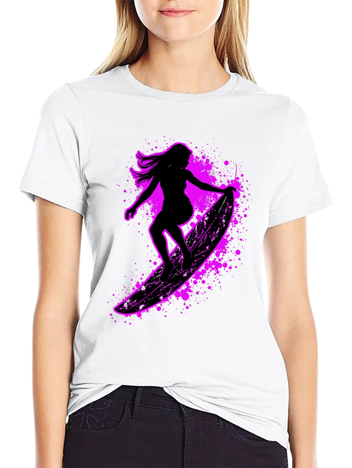 Surfer Girl Graphic Tee - Black Cotton Blend