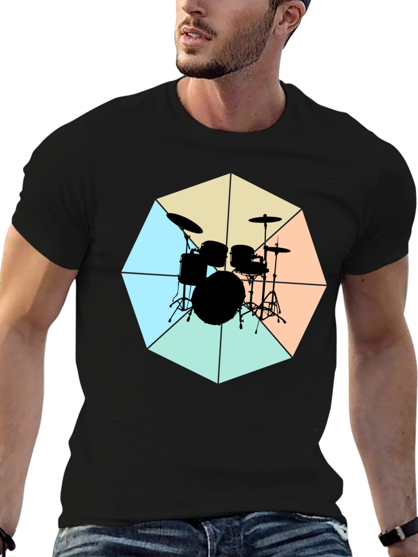 Geometric Drum Set Graphic Tee - Black Cotton