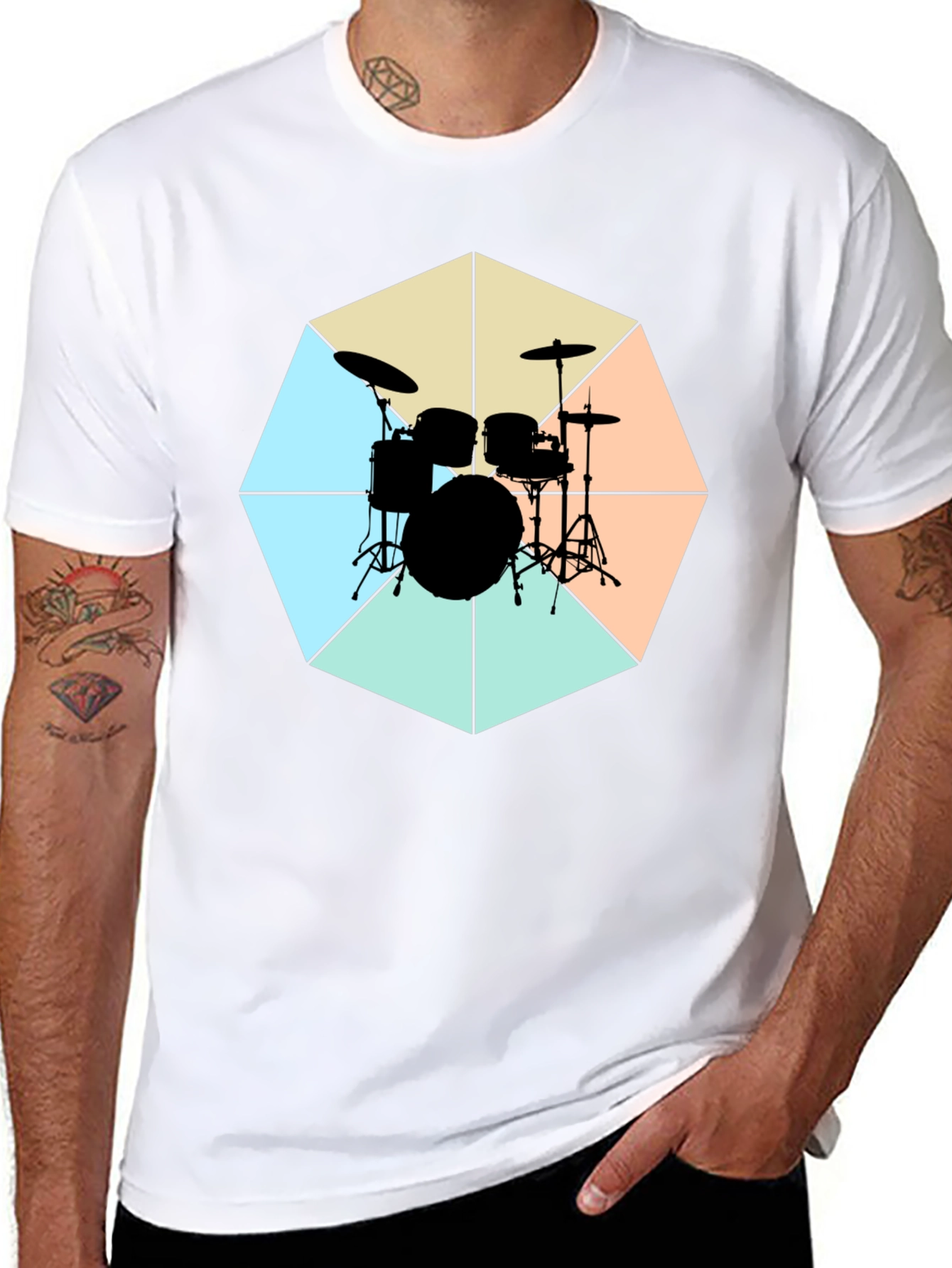 Geometric Drum Set Graphic Tee - Black Cotton