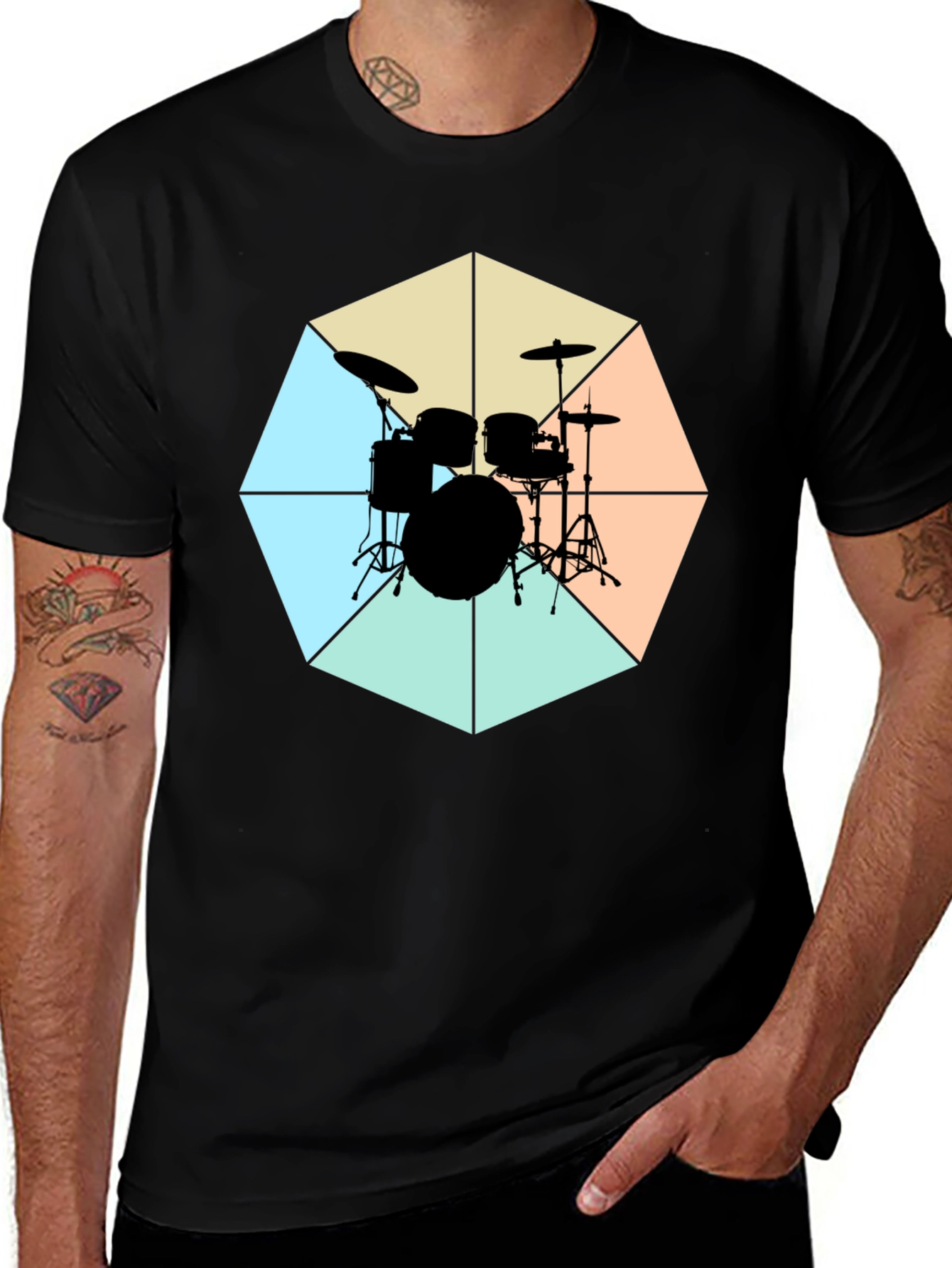 Geometric Drum Set Graphic Tee - Black Cotton