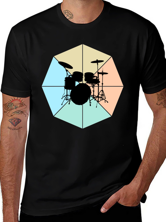 Geometric Drum Set Graphic Tee - Black Cotton