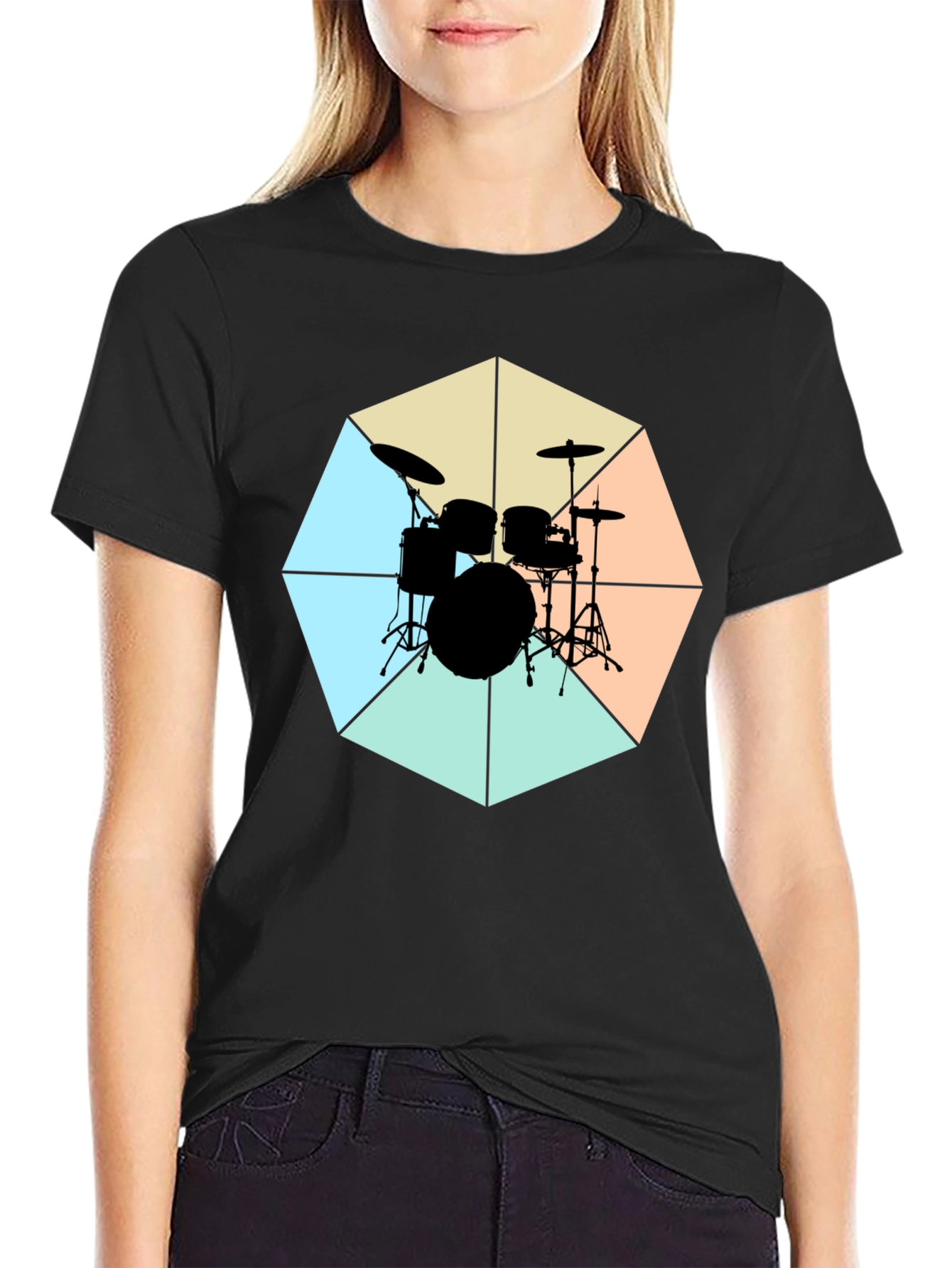 Geometric Drum Set Graphic Tee - Black Cotton