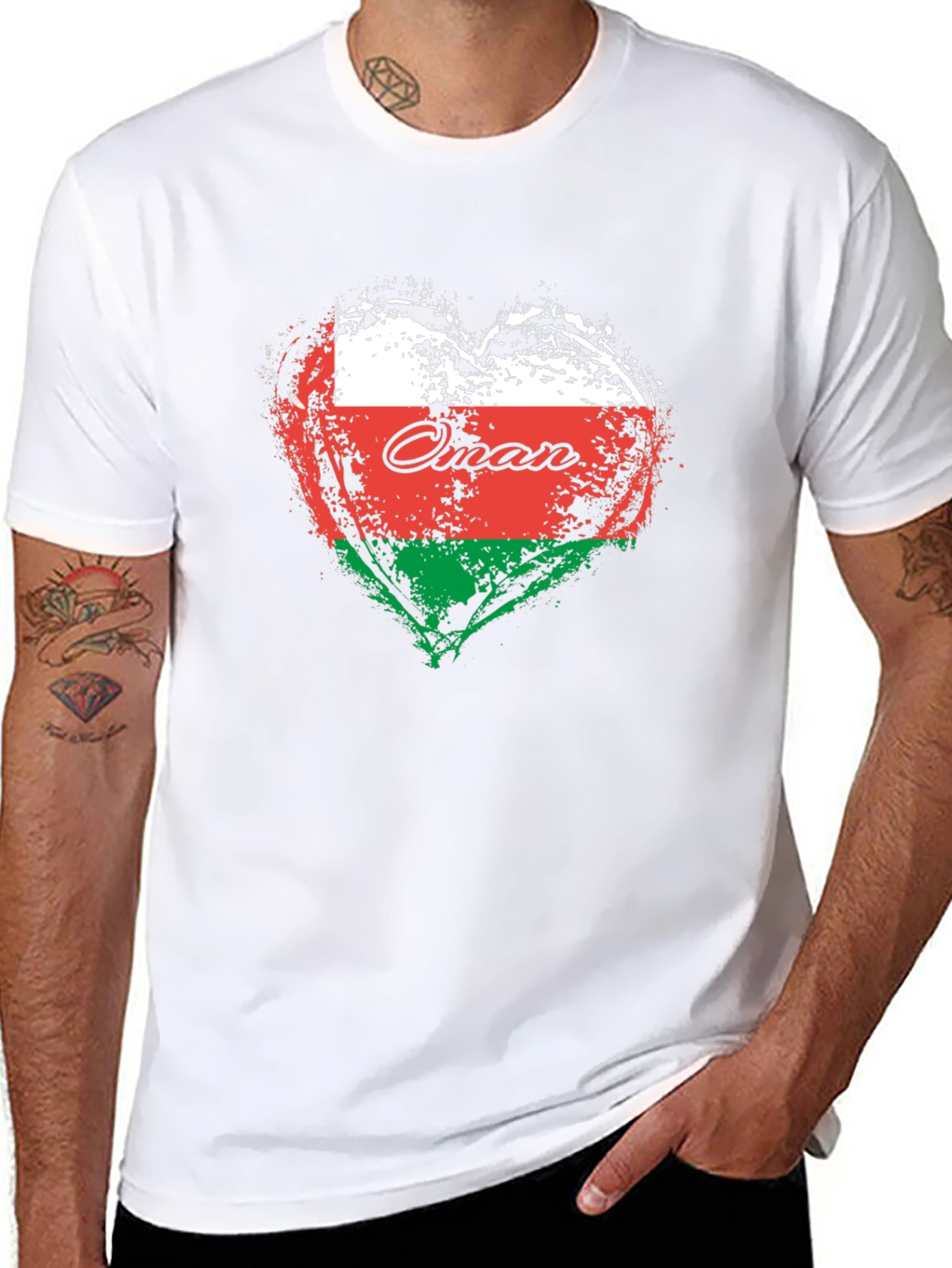 Oman Flag Heart T-Shirt Black Cotton Casual Tee