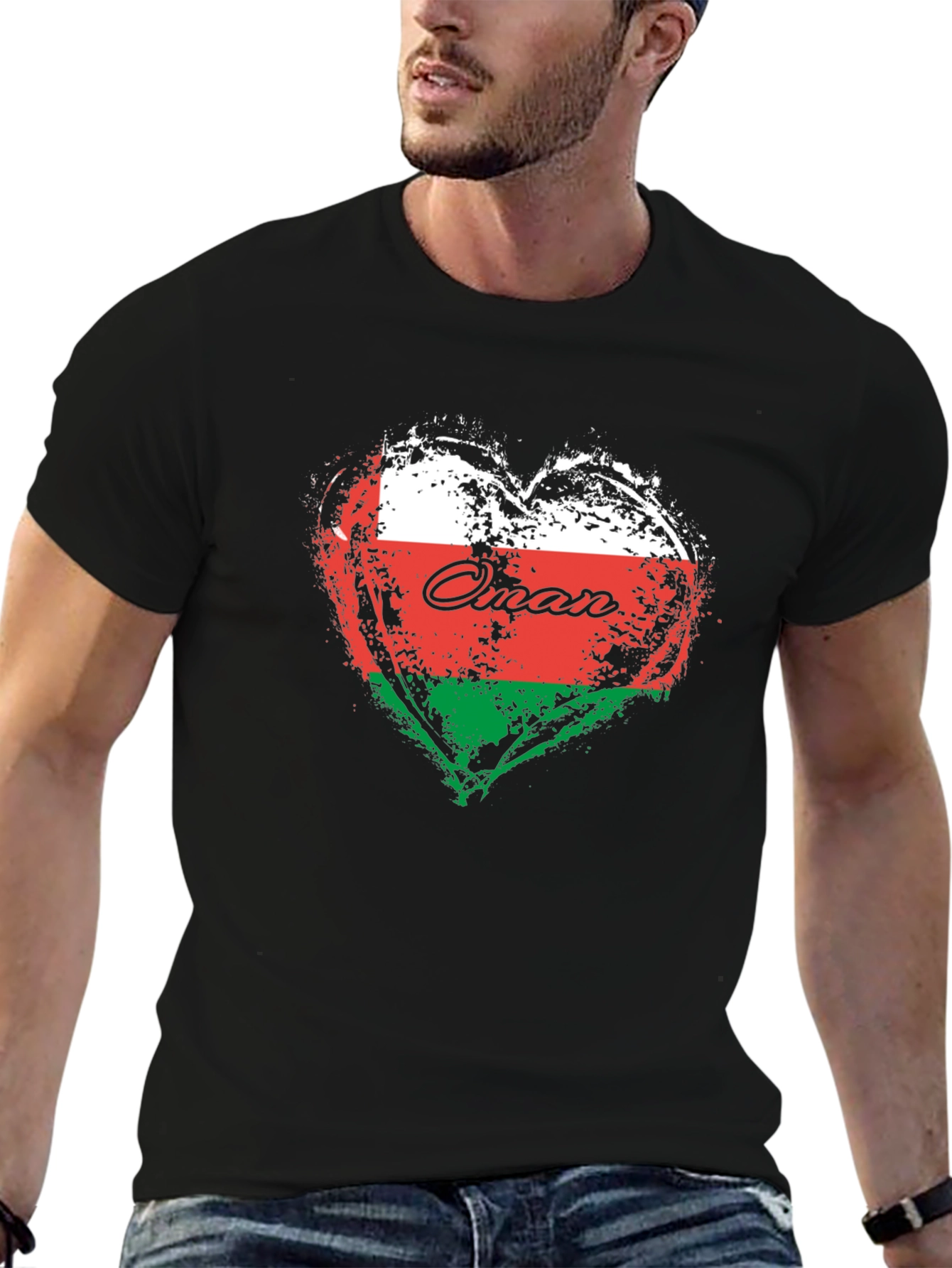 Oman Flag Heart T-Shirt Black Cotton Casual Tee