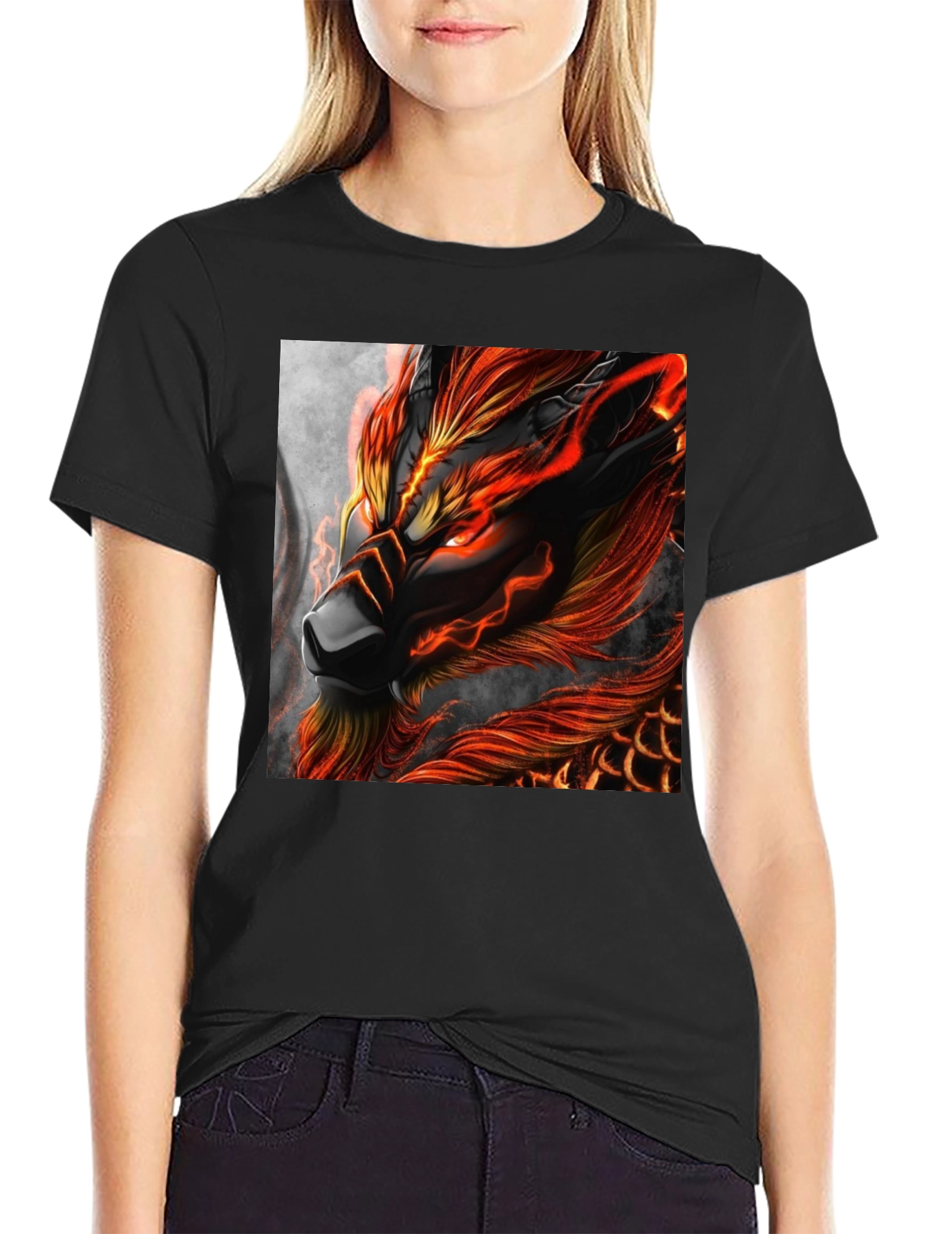 Fiery Dragon Graphic Print Black T-Shirt