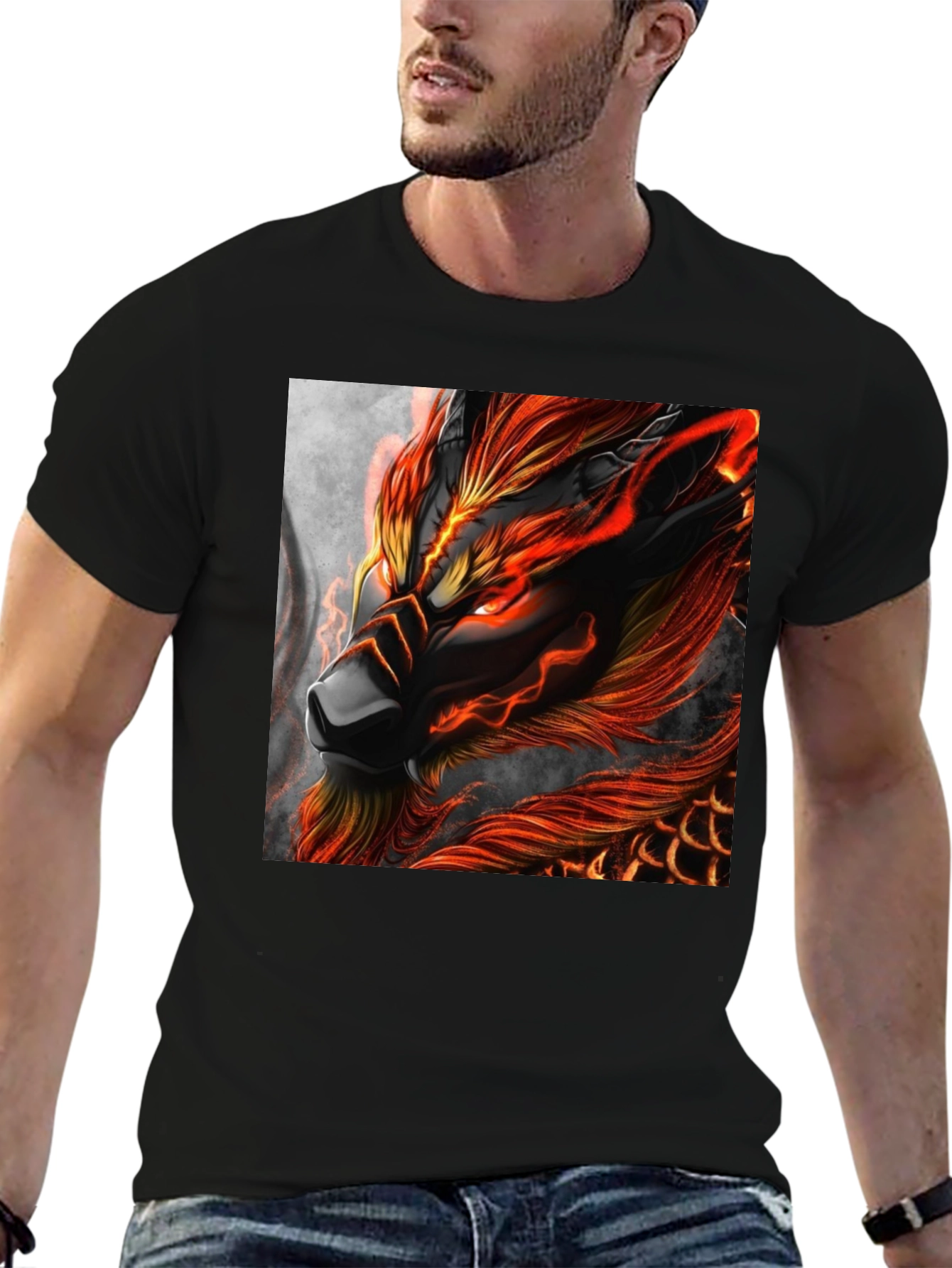 Fiery Dragon Graphic Print Black T-Shirt