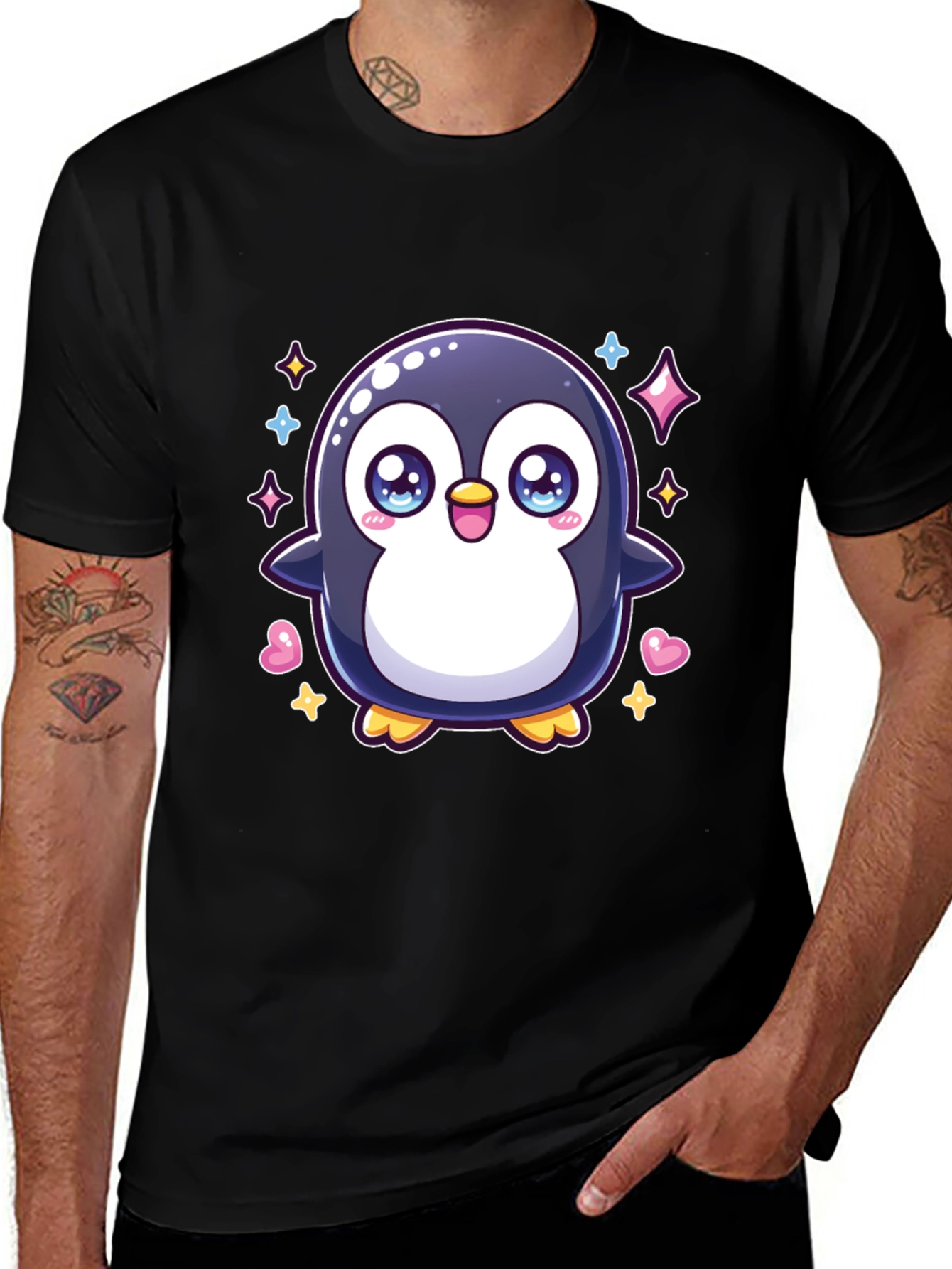 Cute Penguin Graphic Tee - Black Cotton Shirt