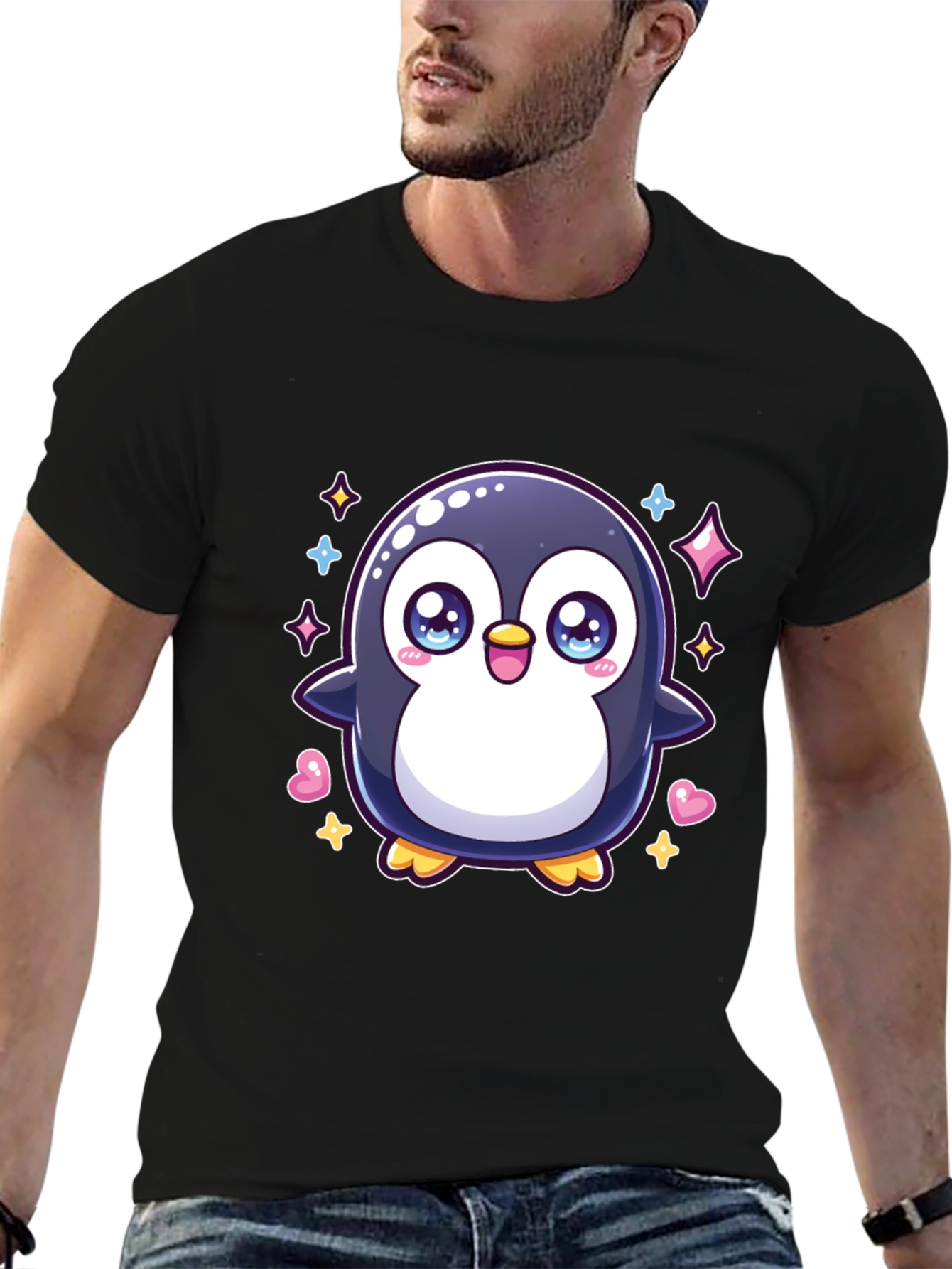 Cute Penguin Graphic Tee - Black Cotton Shirt