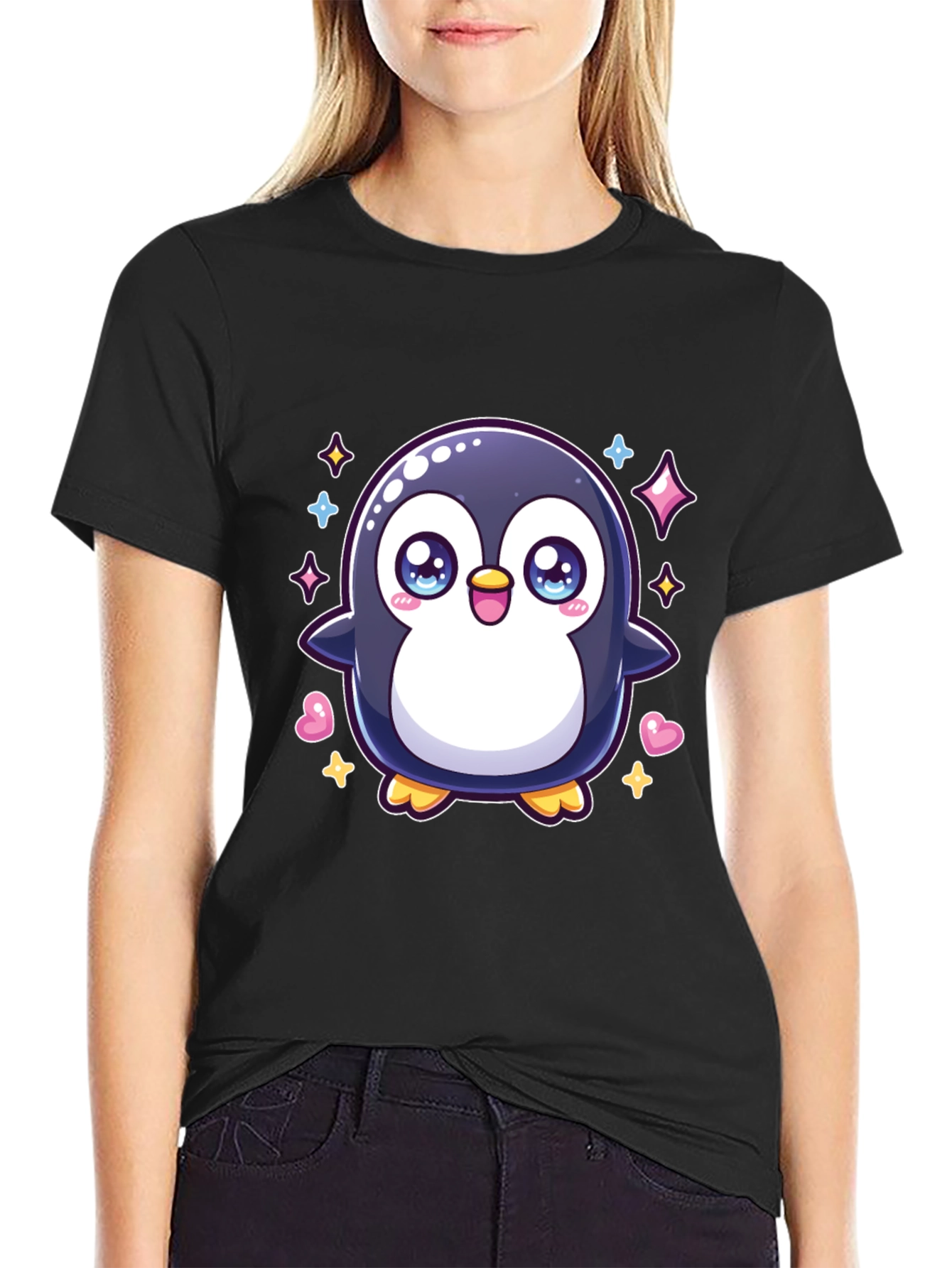 Cute Penguin Graphic Tee - Black Cotton Shirt