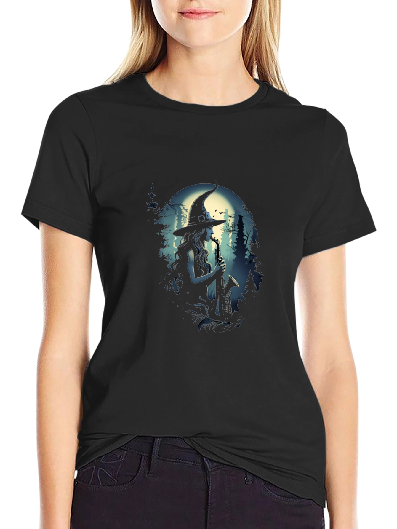Saxophone Witch Graphic T-Shirt - Black