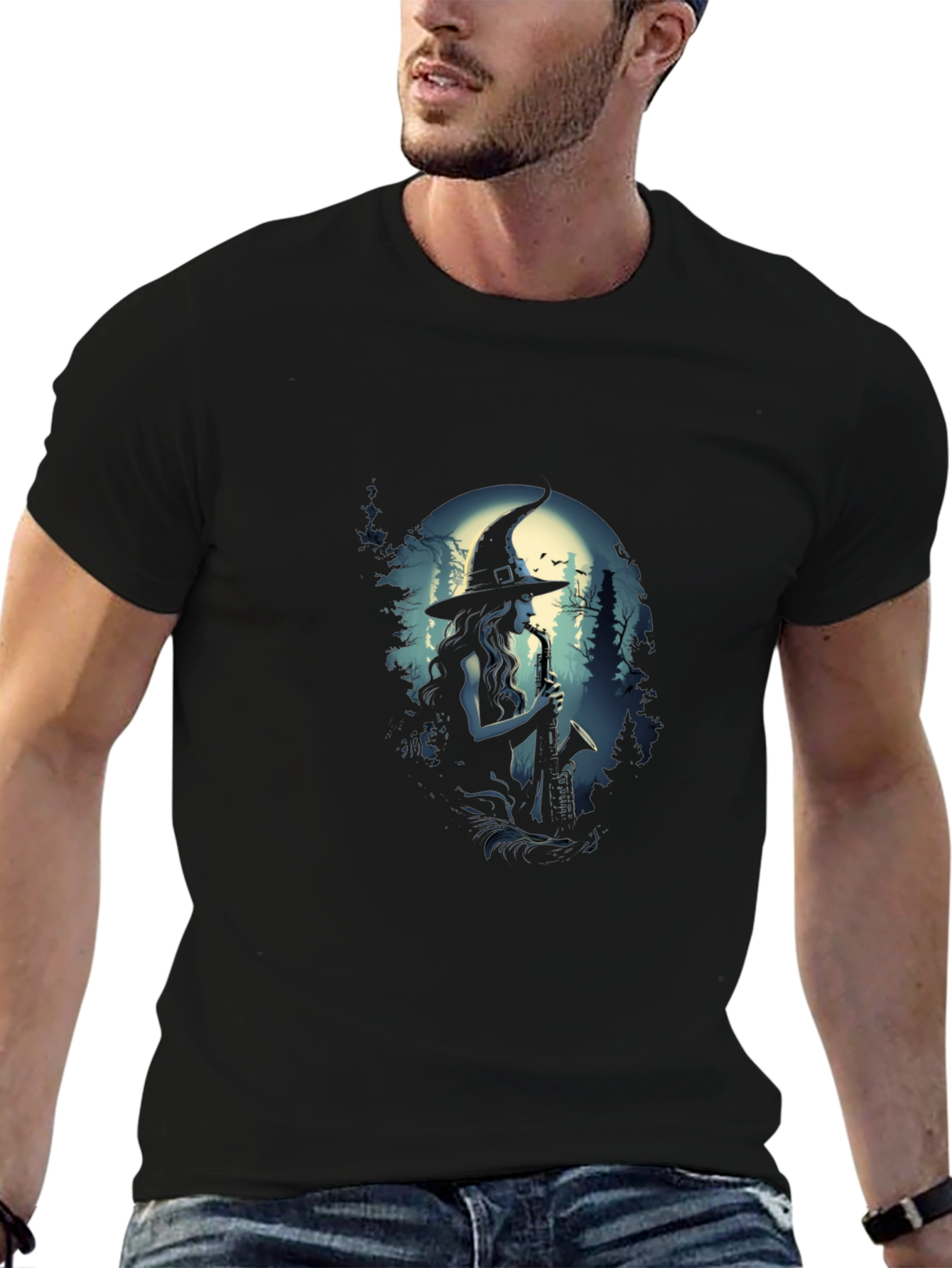Saxophone Witch Graphic T-Shirt - Black