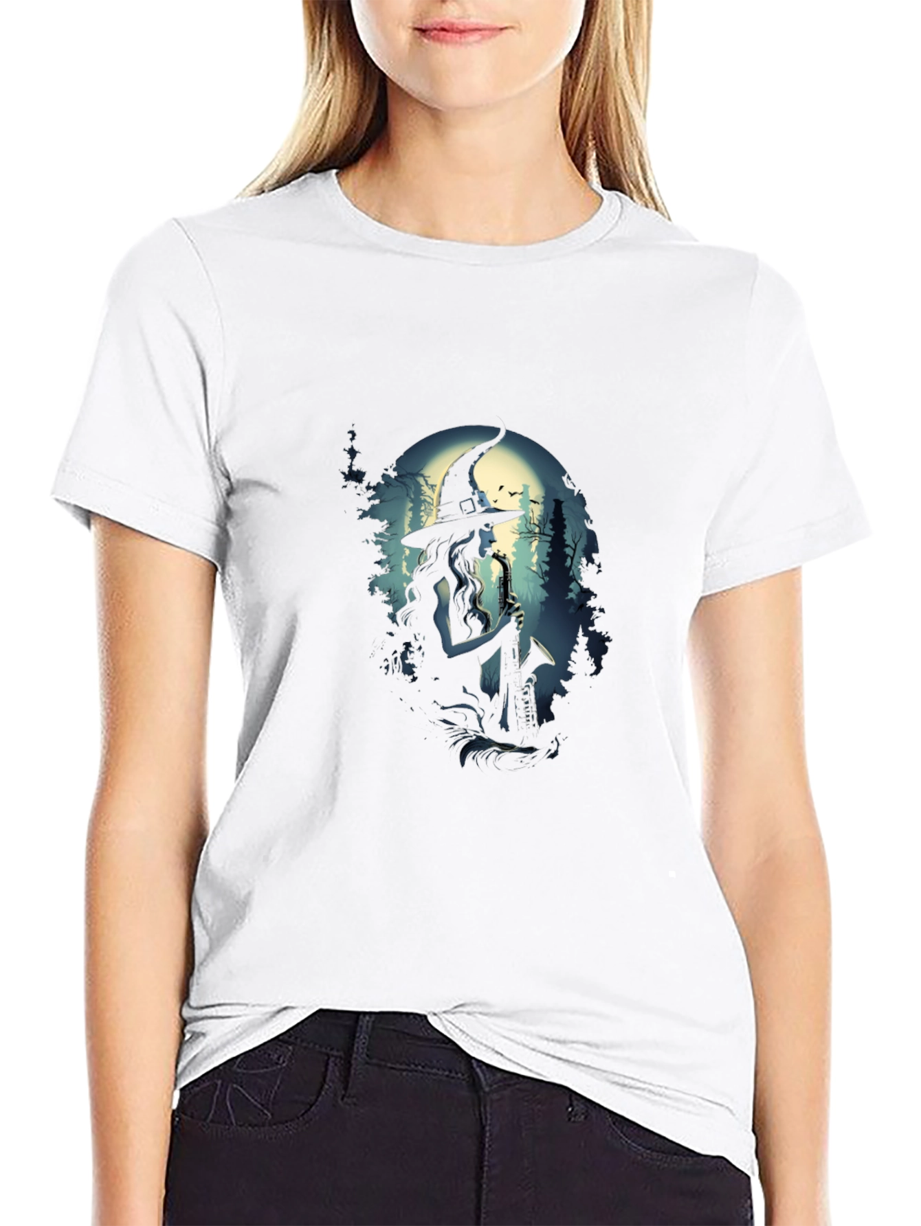 Saxophone Witch Graphic T-Shirt - Black
