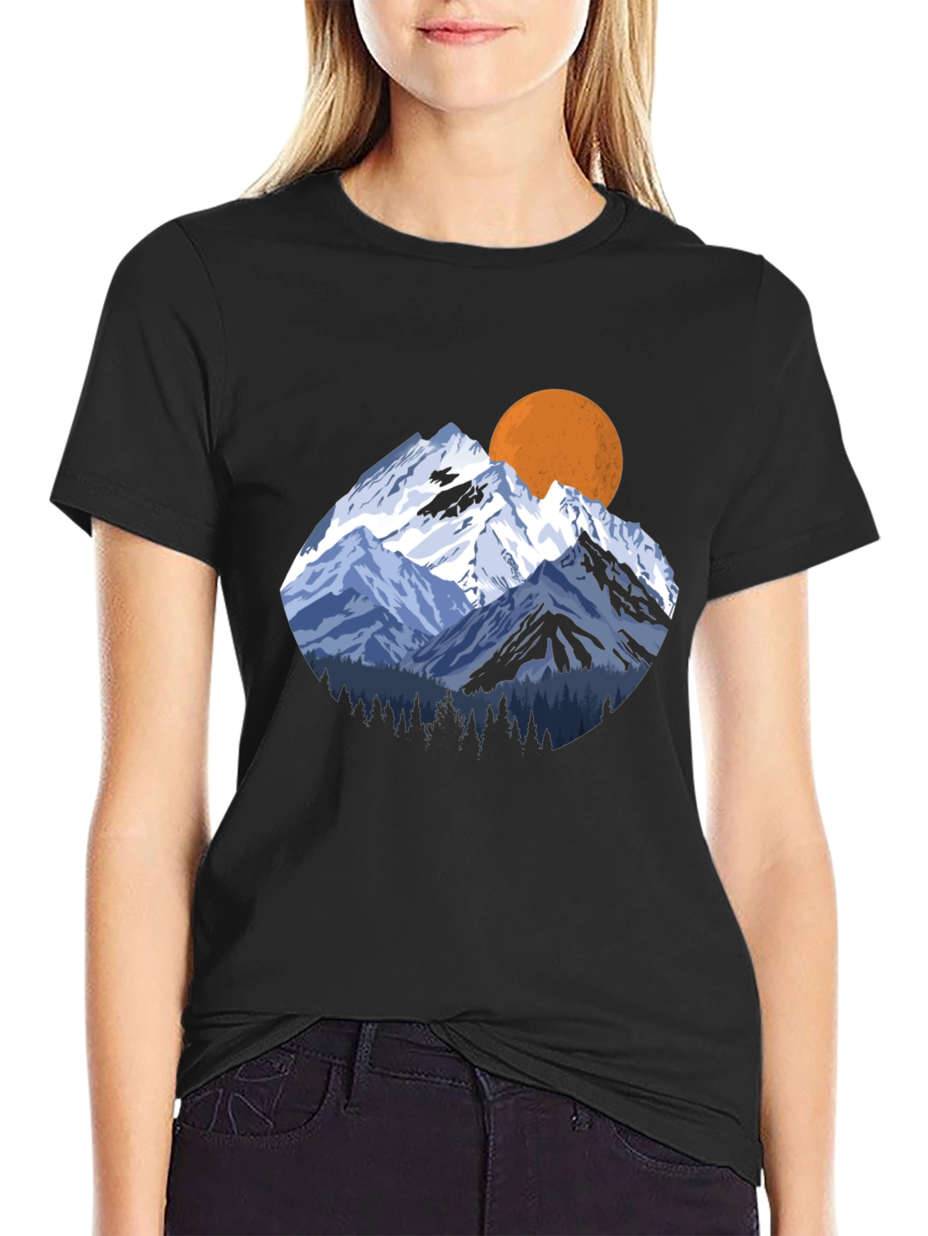 Mountain Sunset Graphic Tee - Black Crewneck