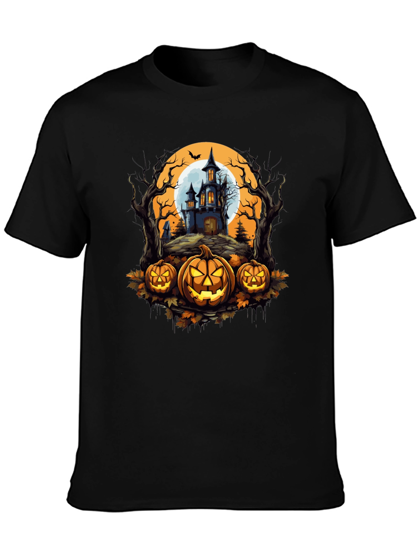 Halloween T-Shirt - Spooky House & Pumpkins Design