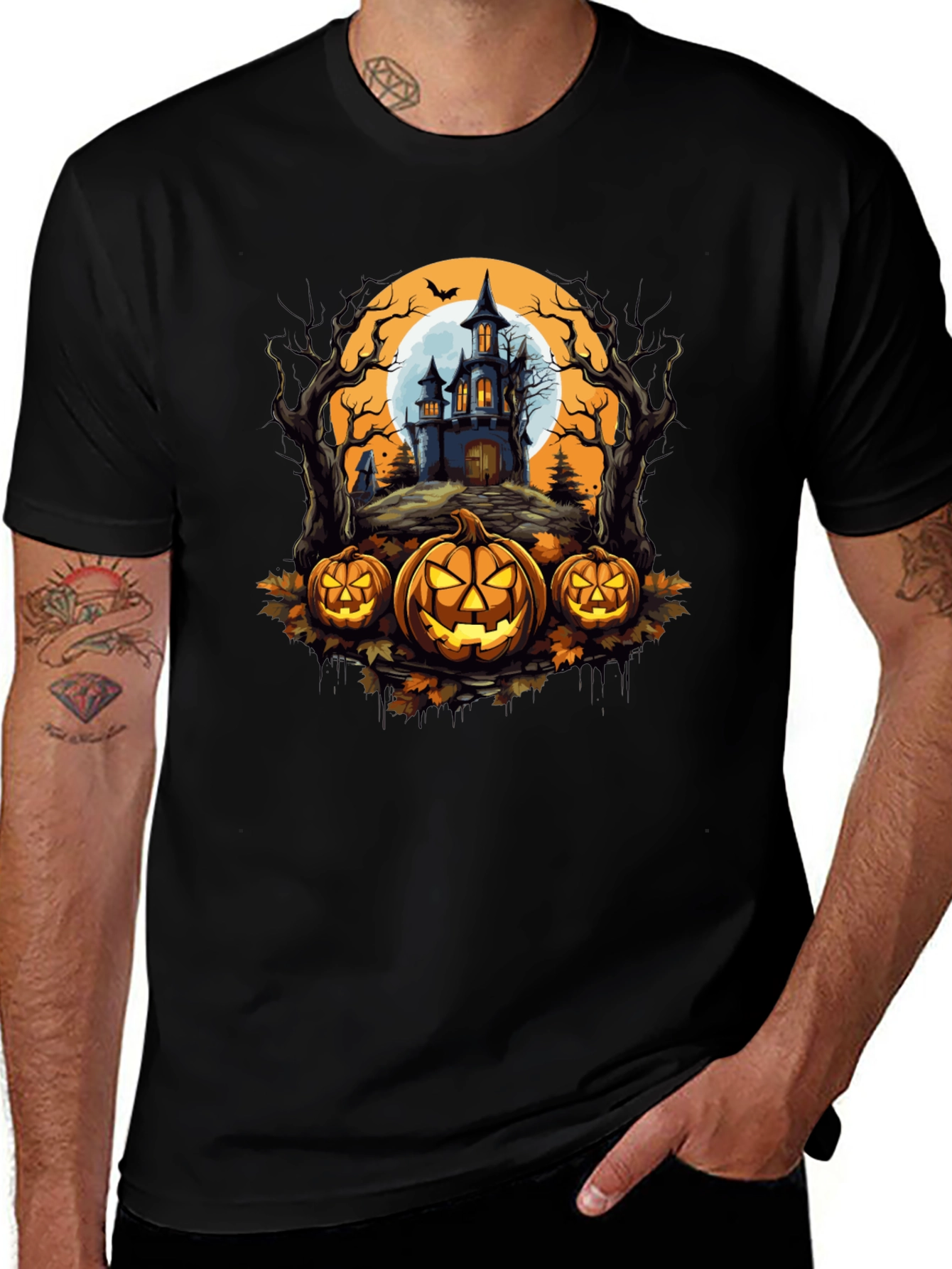 Halloween T-Shirt - Spooky House & Pumpkins Design
